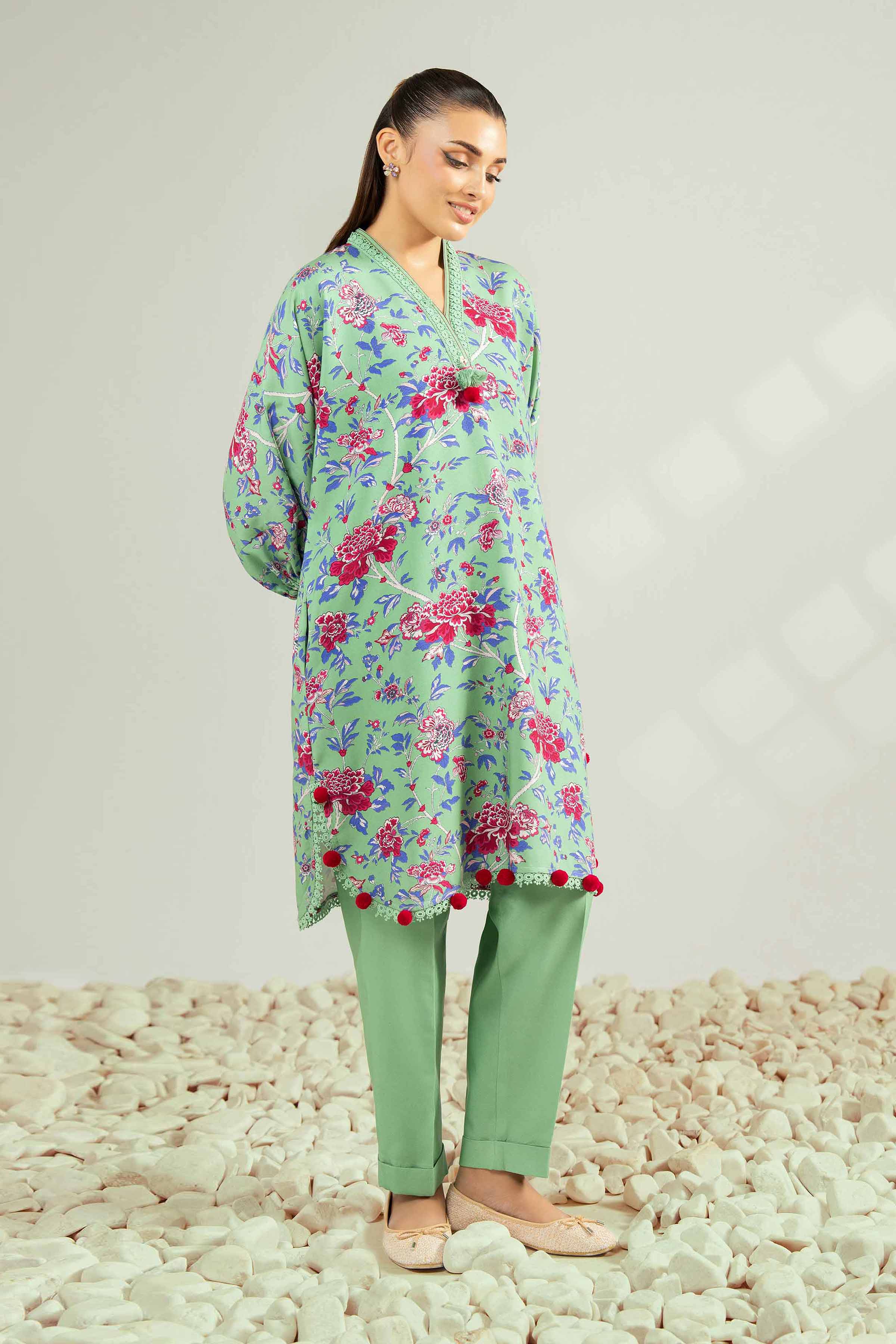 2 Piece - Printed Suit - 42502786 Unstitched Green Linen 2PC Printed