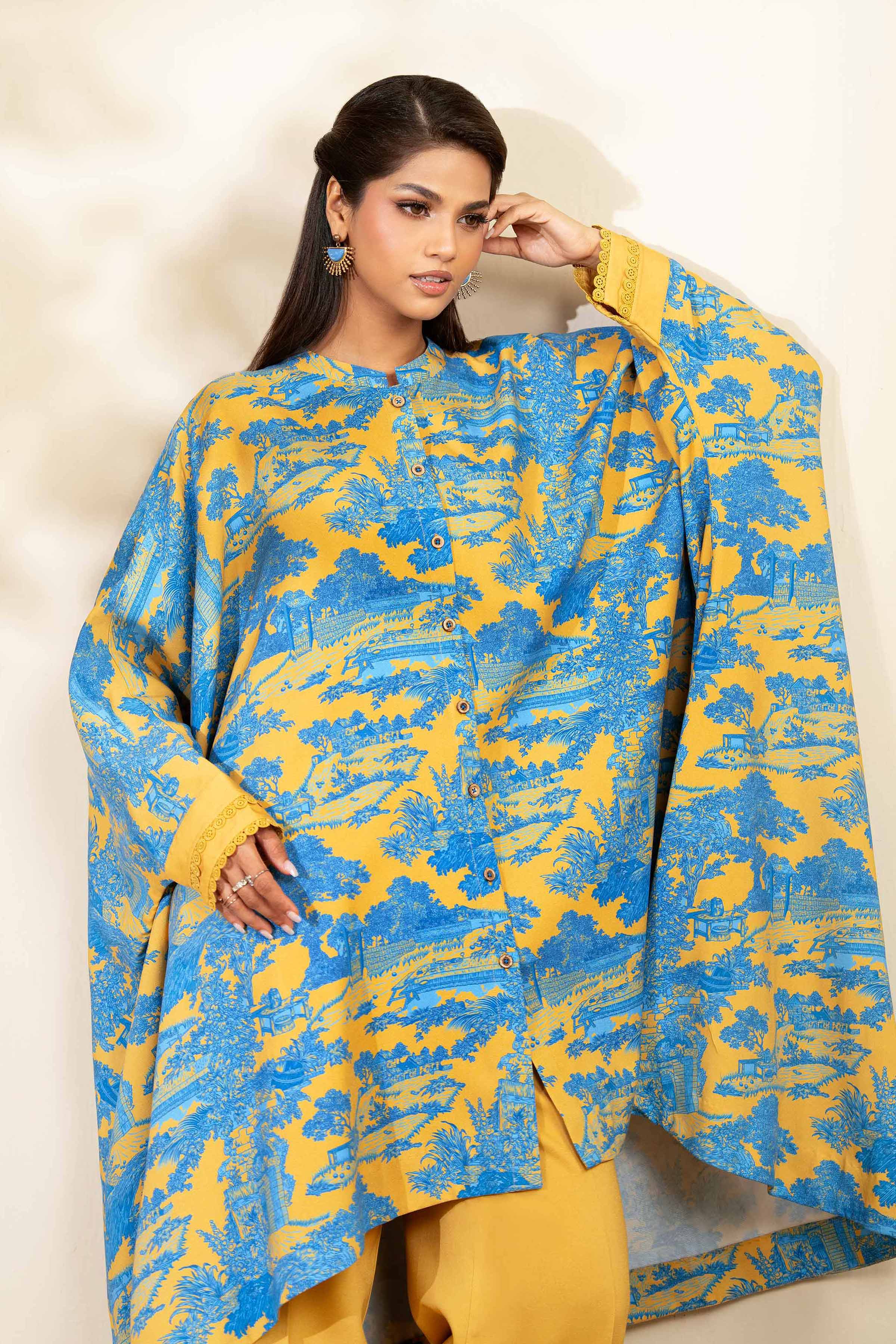 2 Piece - Printed Suit - 42502788 Unstitched Blue Linen 2PC Printed