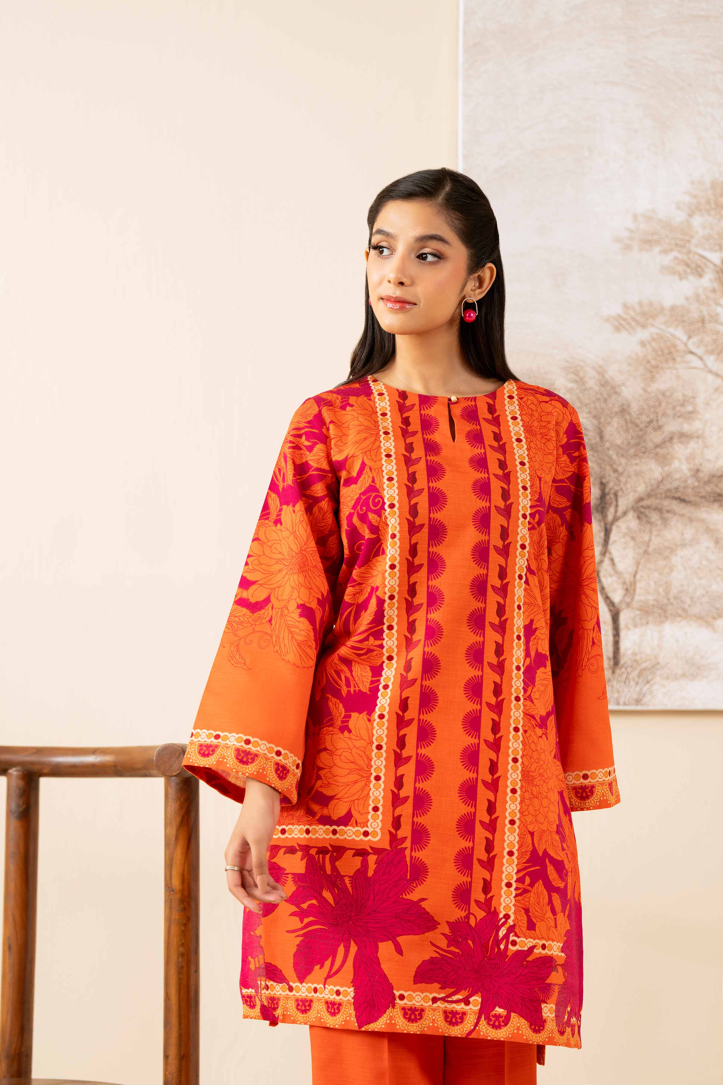 2 Piece - Digital Printed Suit - 42502792 Unstitched Orange Khaddar 2PC Printed