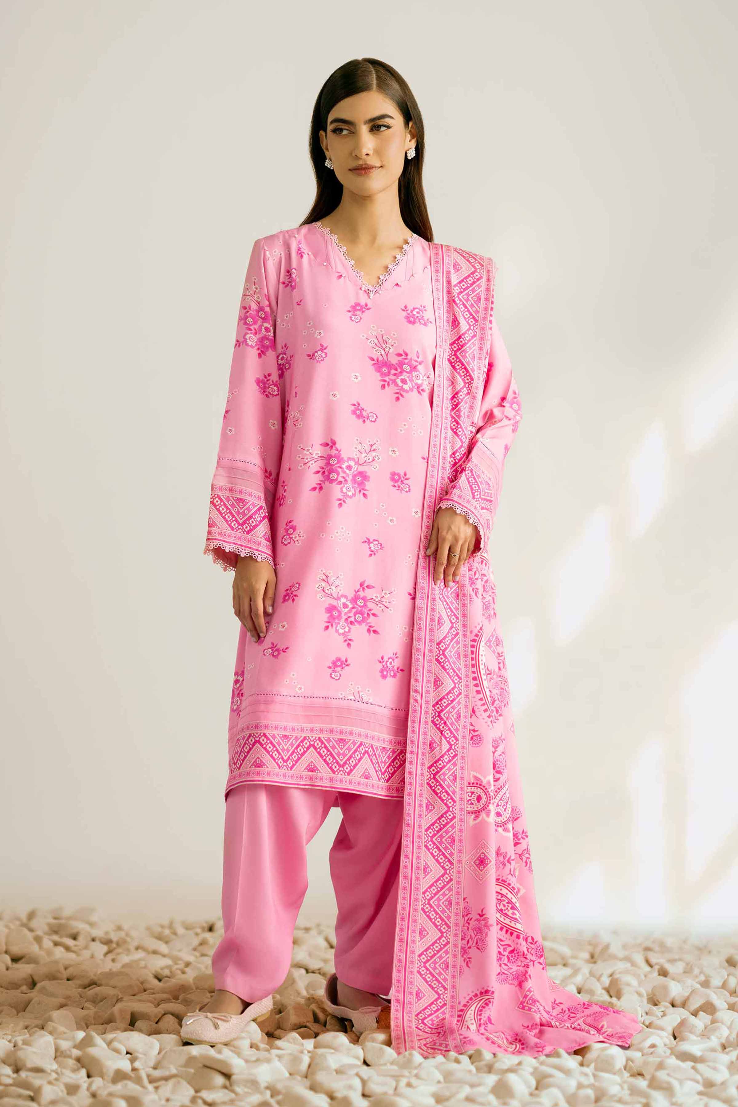 3 Piece - Printed Suit - 42502834 Unstitched Pink Linen 3PC Printed