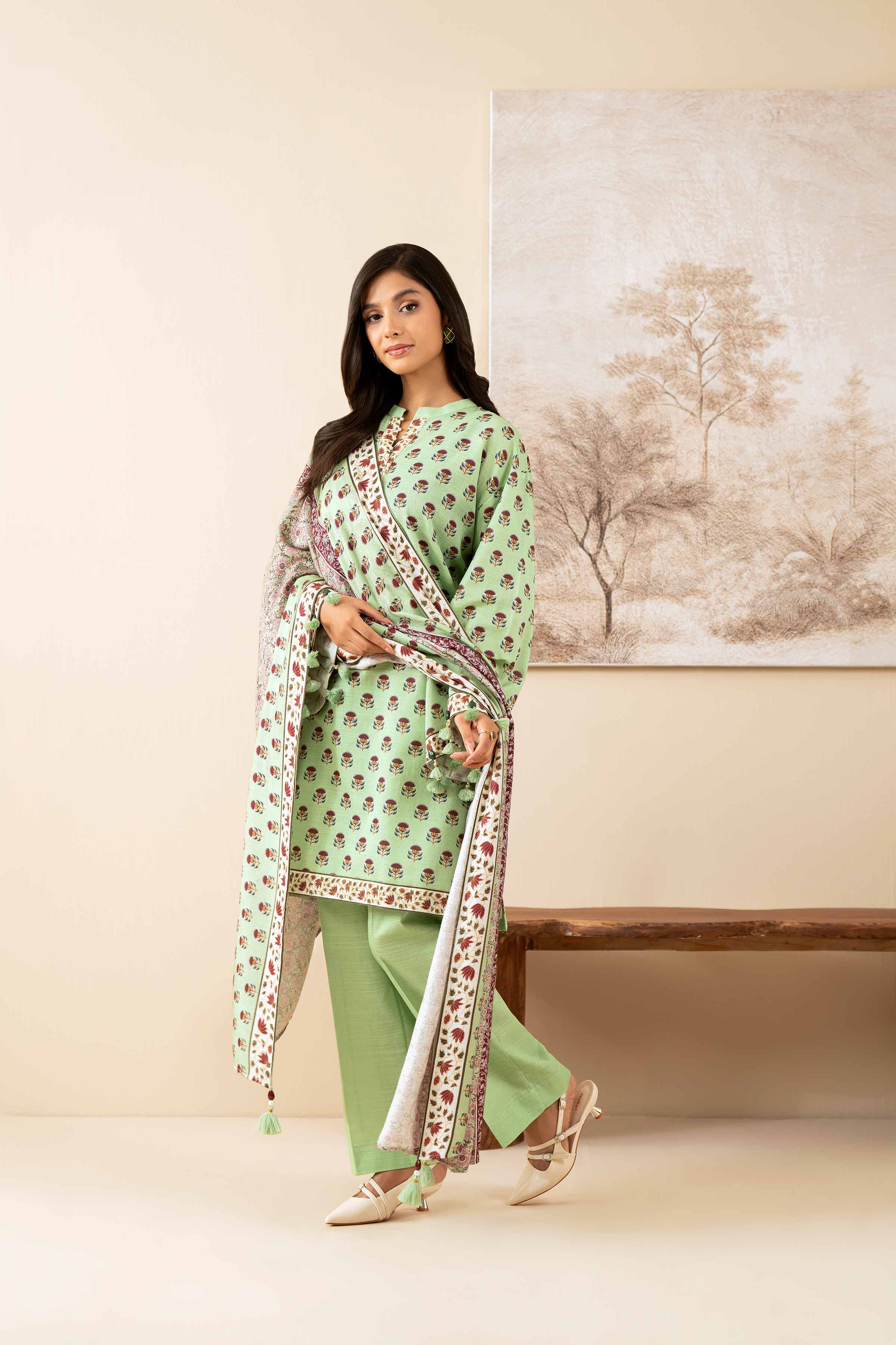3 Piece - Printed Suit - 42502882 Unstitched Green Khaddar 3PC Printed