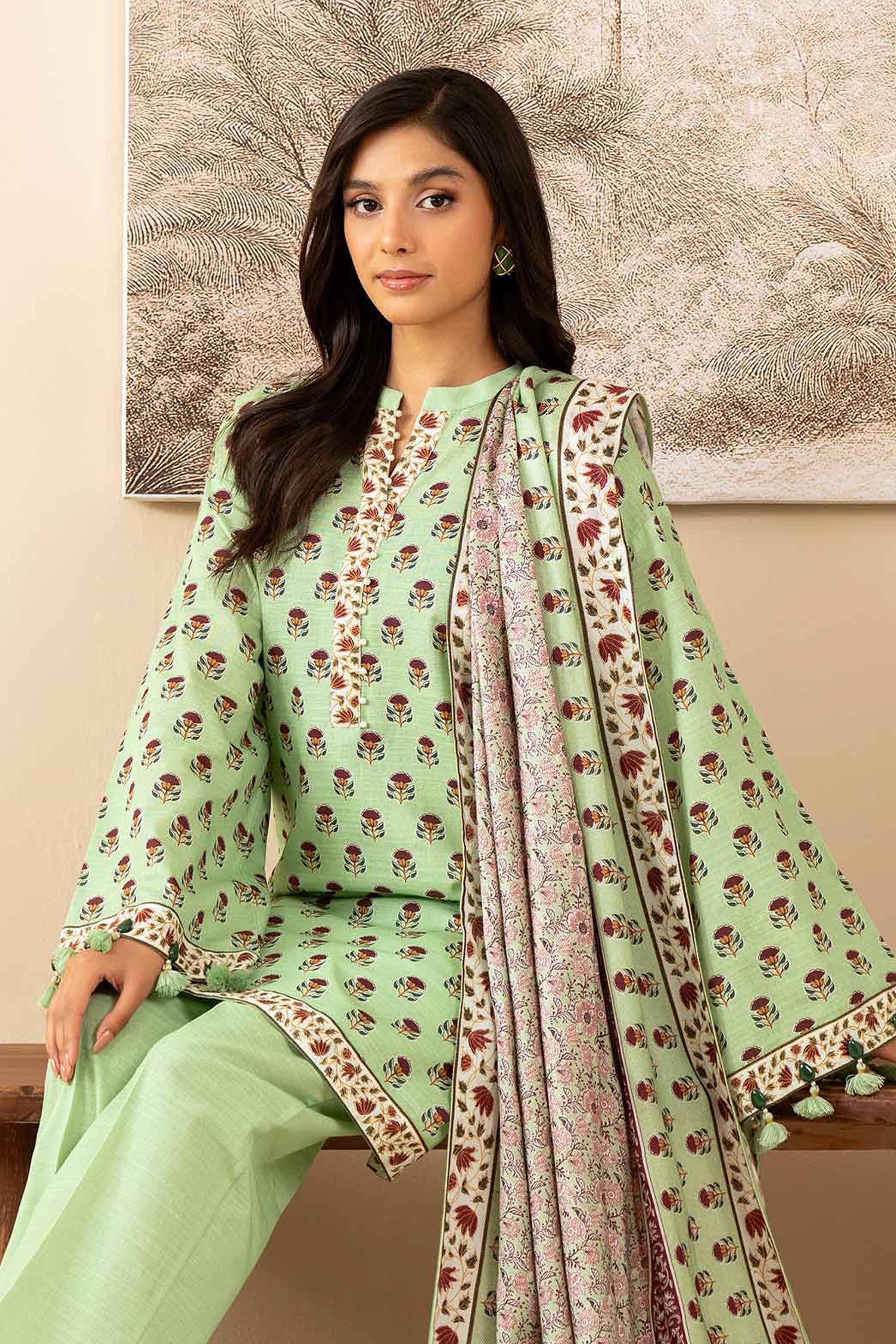 3 Piece - Printed Suit - 42502882 Unstitched Green Khaddar 3PC Printed