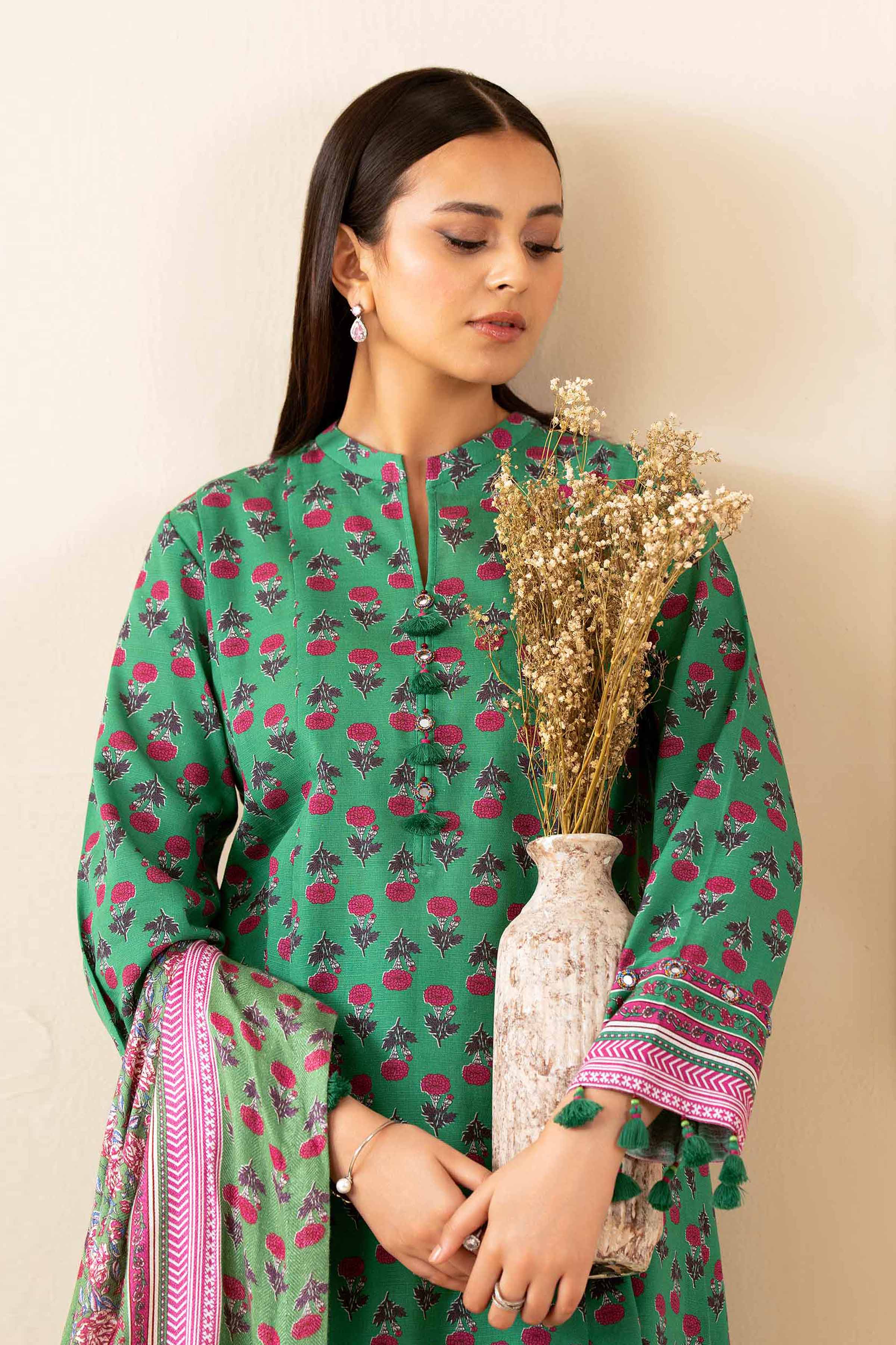 3 Piece - Printed Suit - 42502887 Unstitched Green Khaddar 3PC Printed