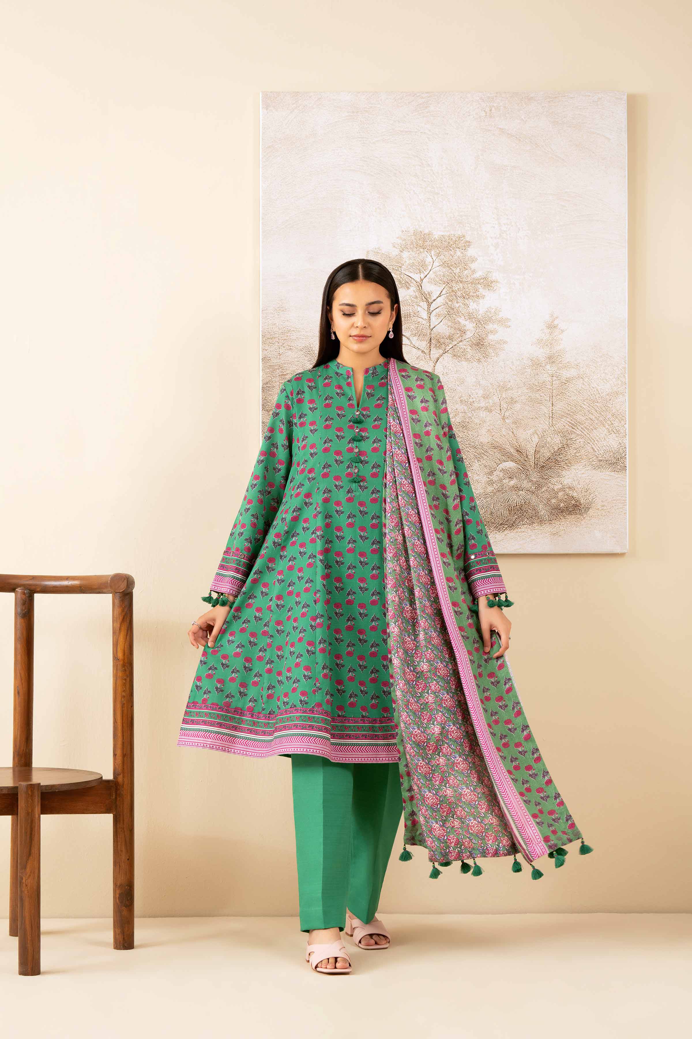3 Piece - Printed Suit - 42502887 Unstitched Green Khaddar 3PC Printed