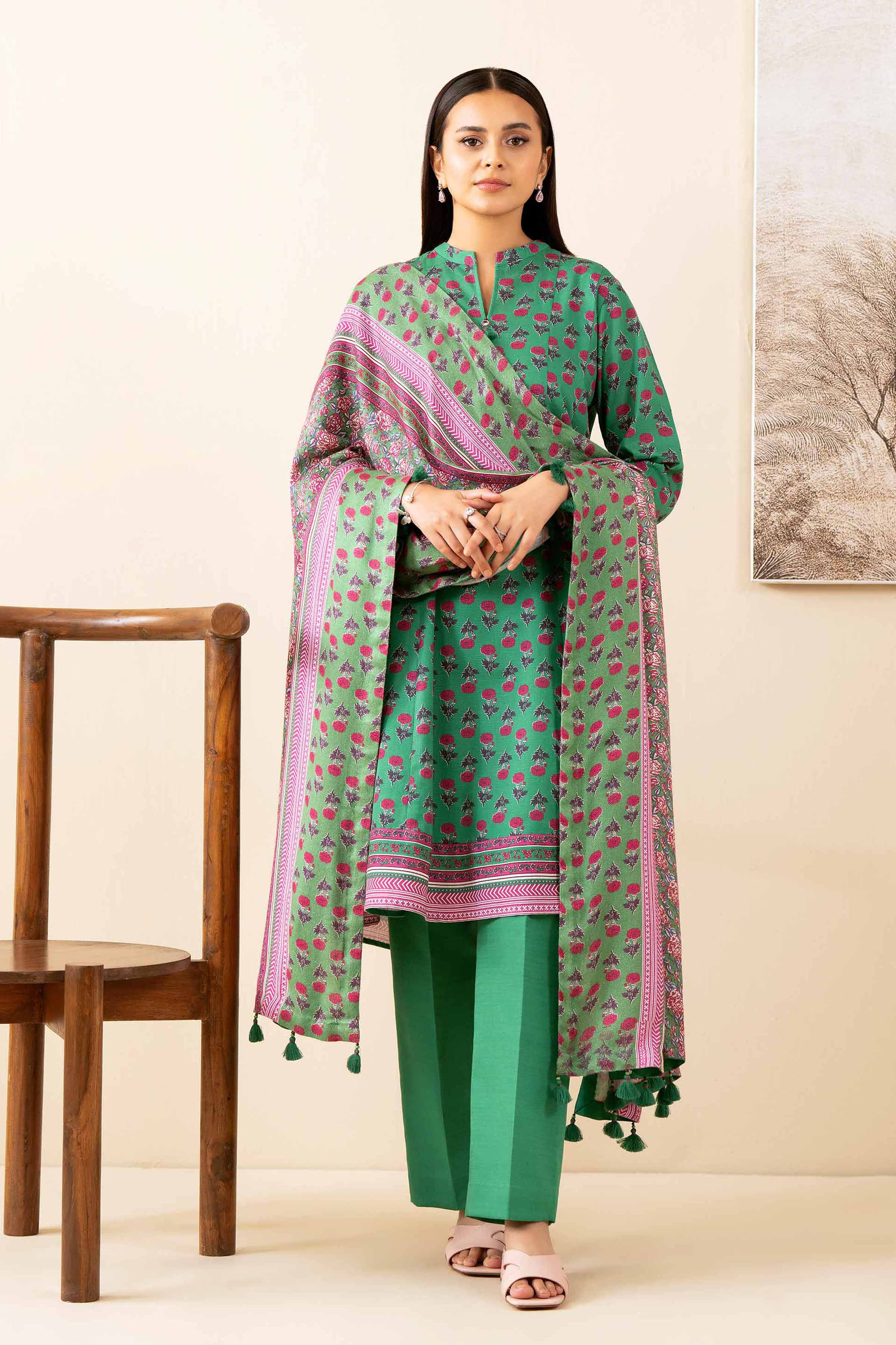 3 Piece - Printed Suit - 42502887 Unstitched Green Khaddar 3PC Printed