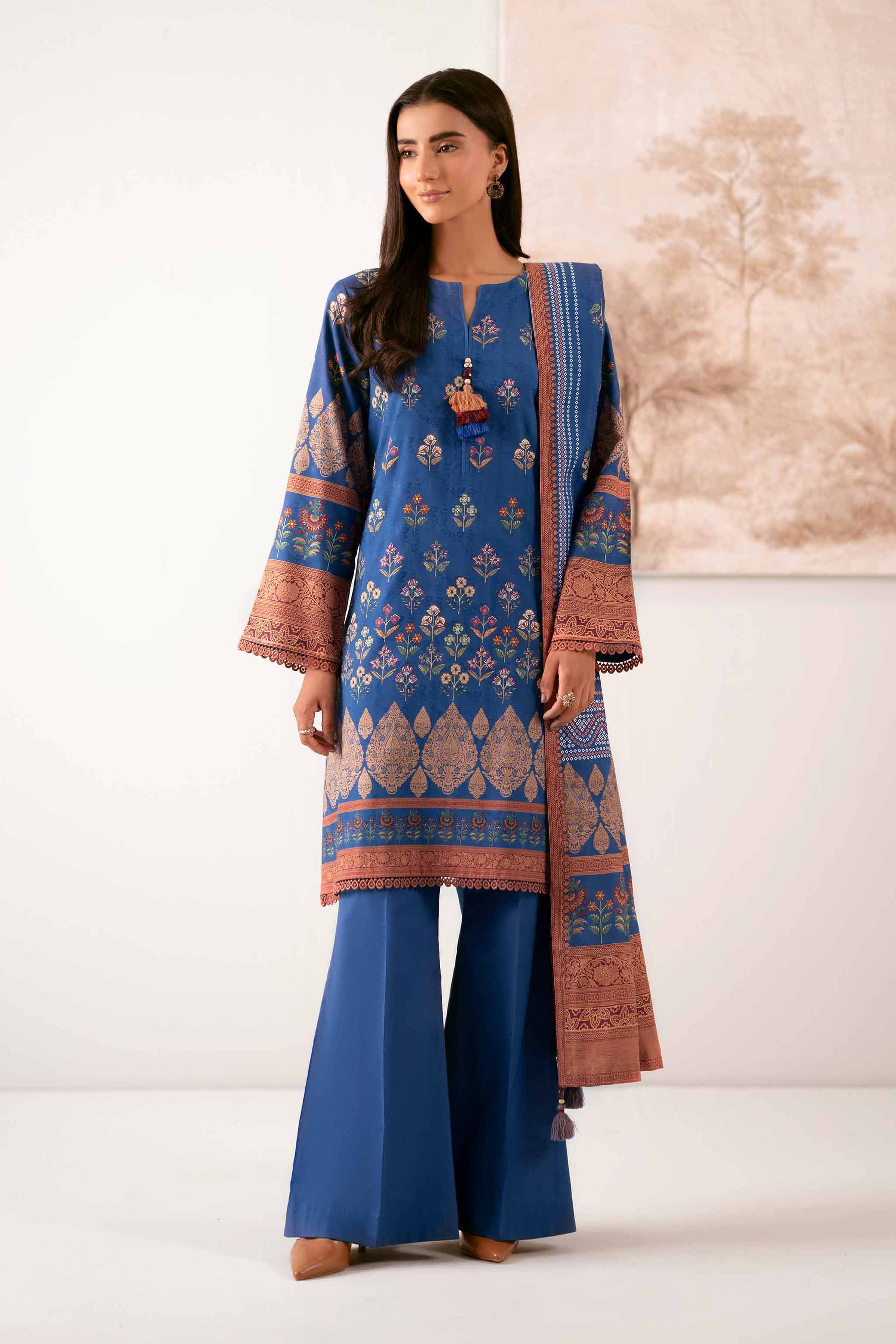 3 Piece - Digital Printed Suit - 42502899 Unstitched Blue Jacquard 3PC Printed