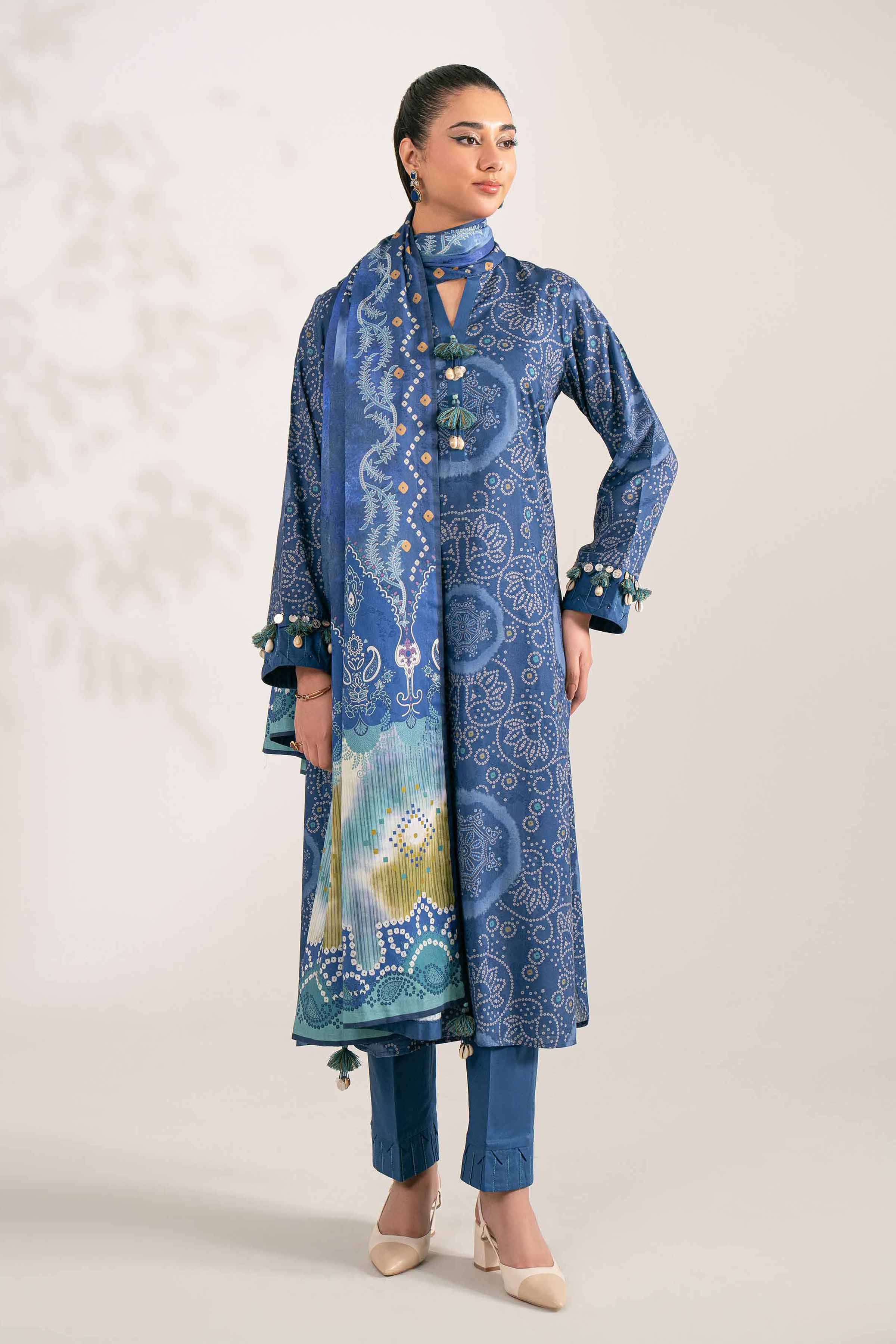 3 Piece - Digital Printed Suit - 42502902 Unstitched Blue Jacquard 3PC Printed