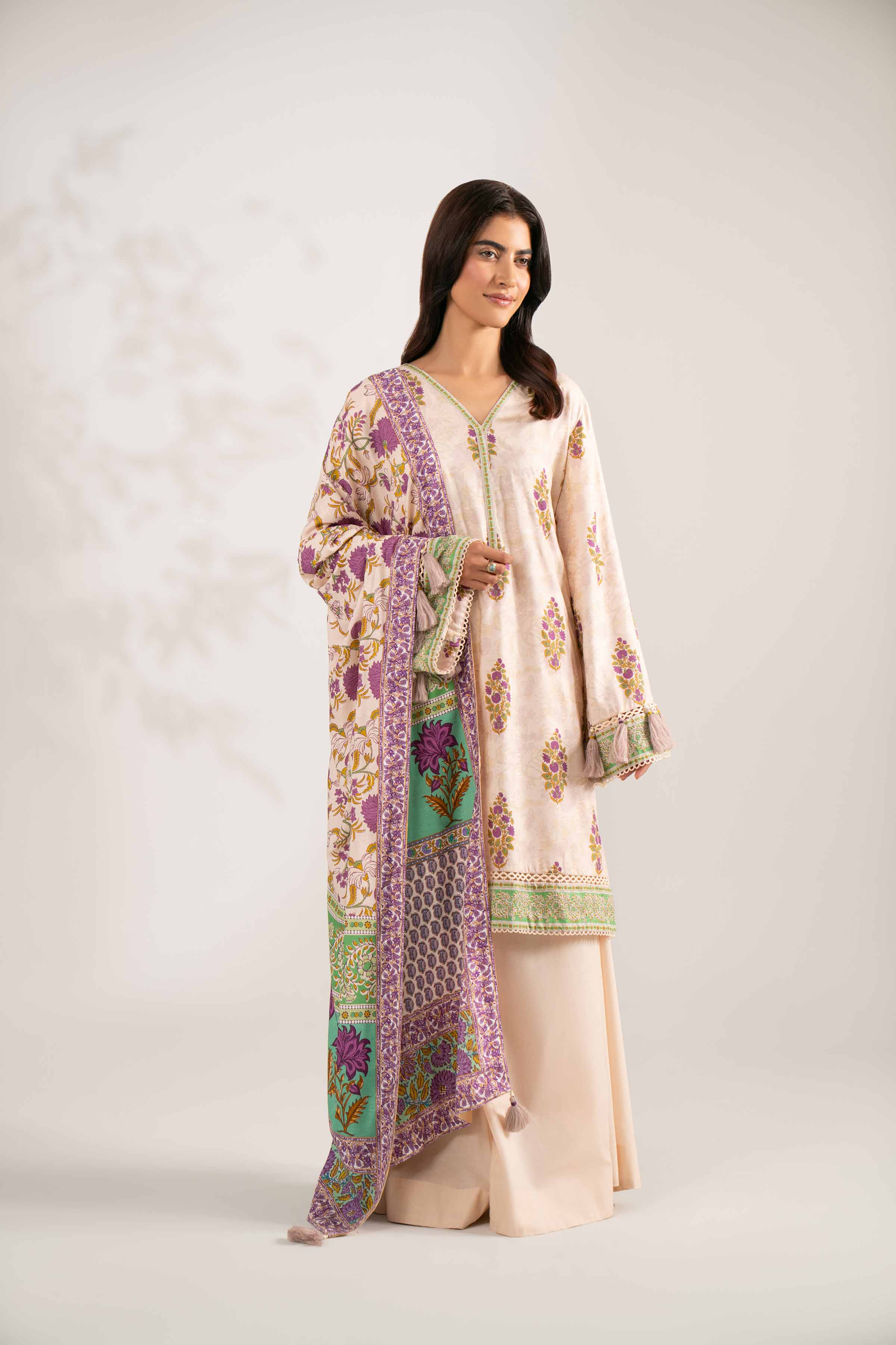 3 Piece - Digital Printed Suit - 42502904 Unstitched Beige Jacquard 3PC Printed