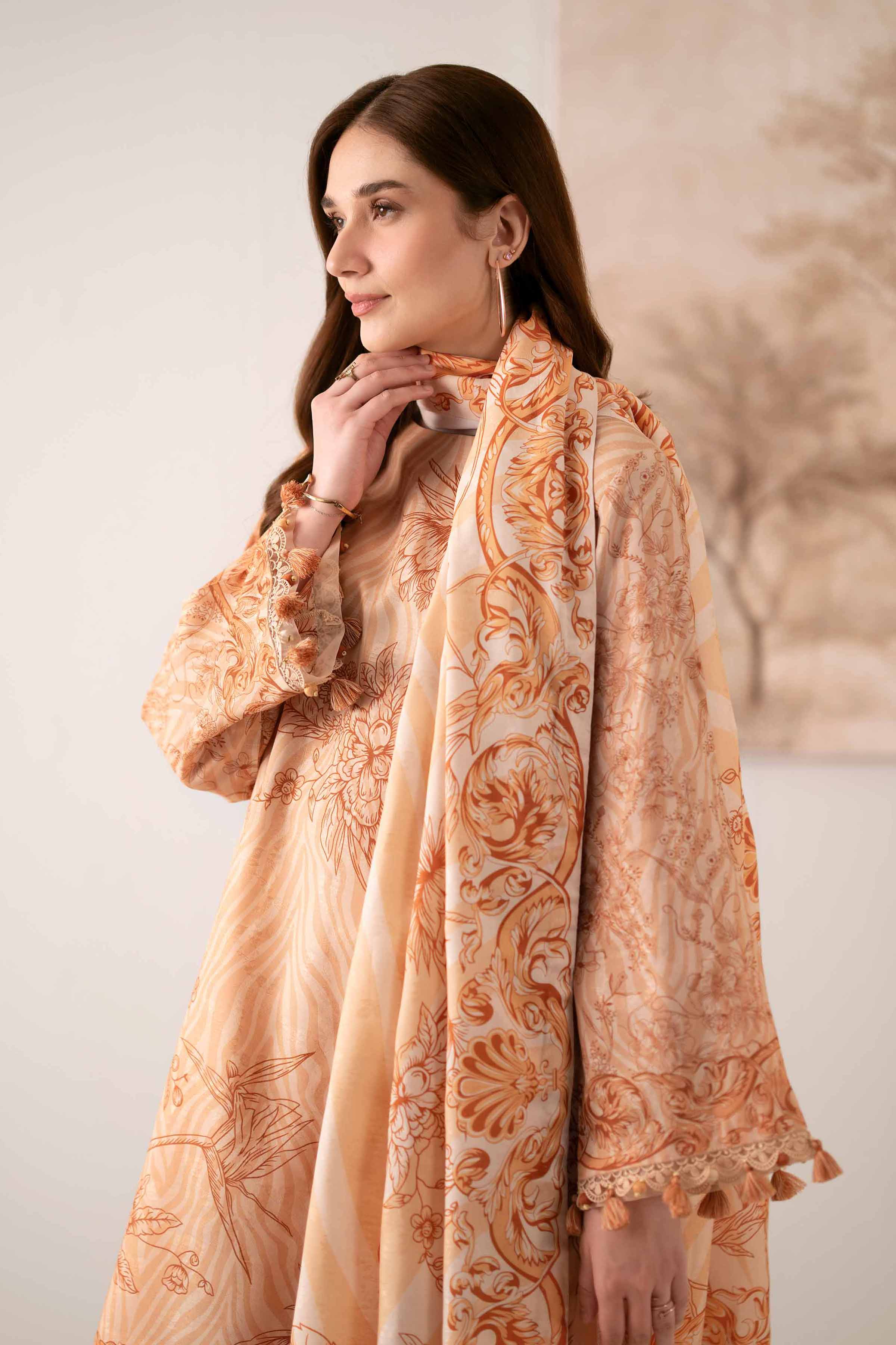 3 Piece - Digital Printed Suit - 42502905 Unstitched Orange Jacquard 3PC Printed