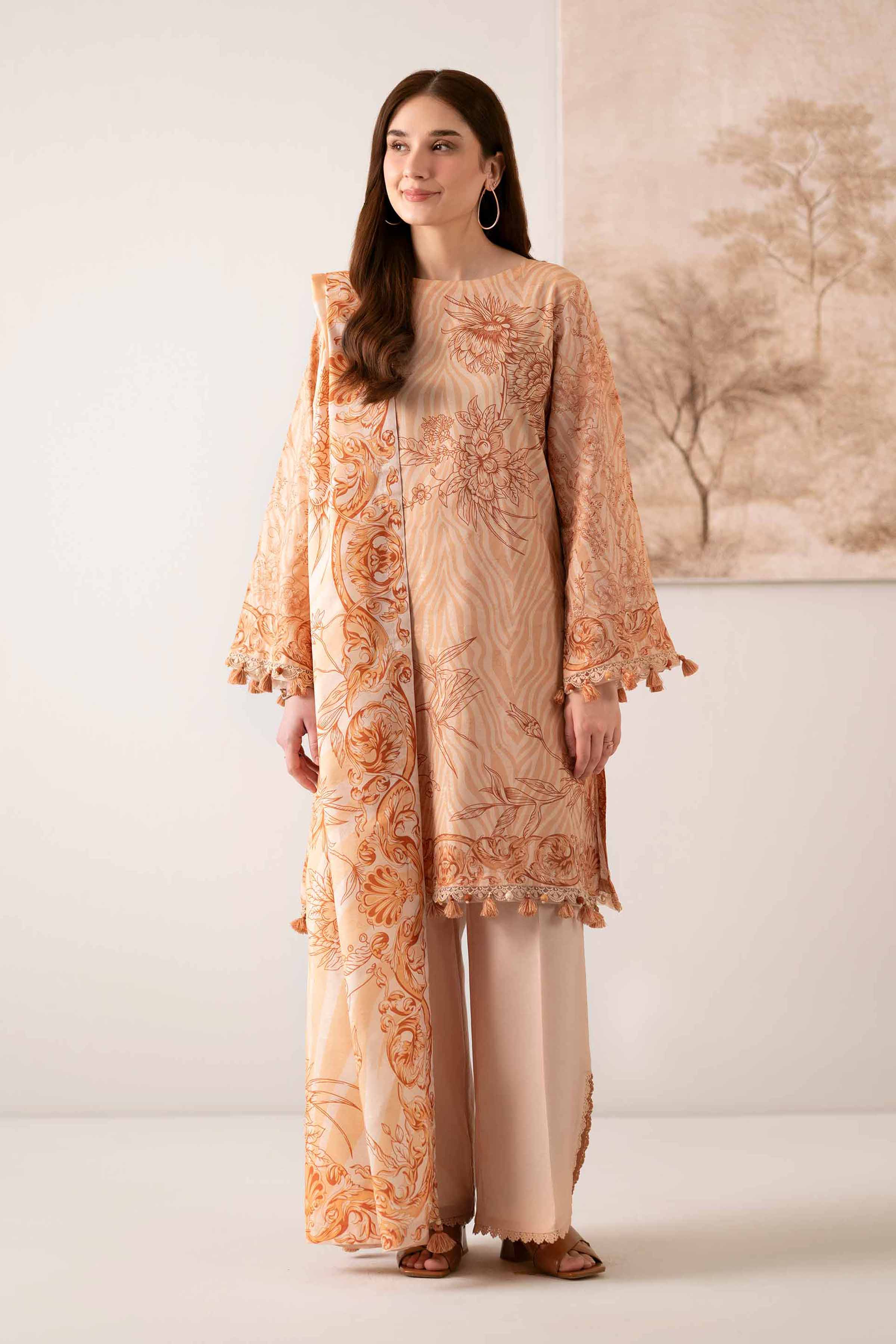 3 Piece - Digital Printed Suit - 42502905 Unstitched Orange Jacquard 3PC Printed