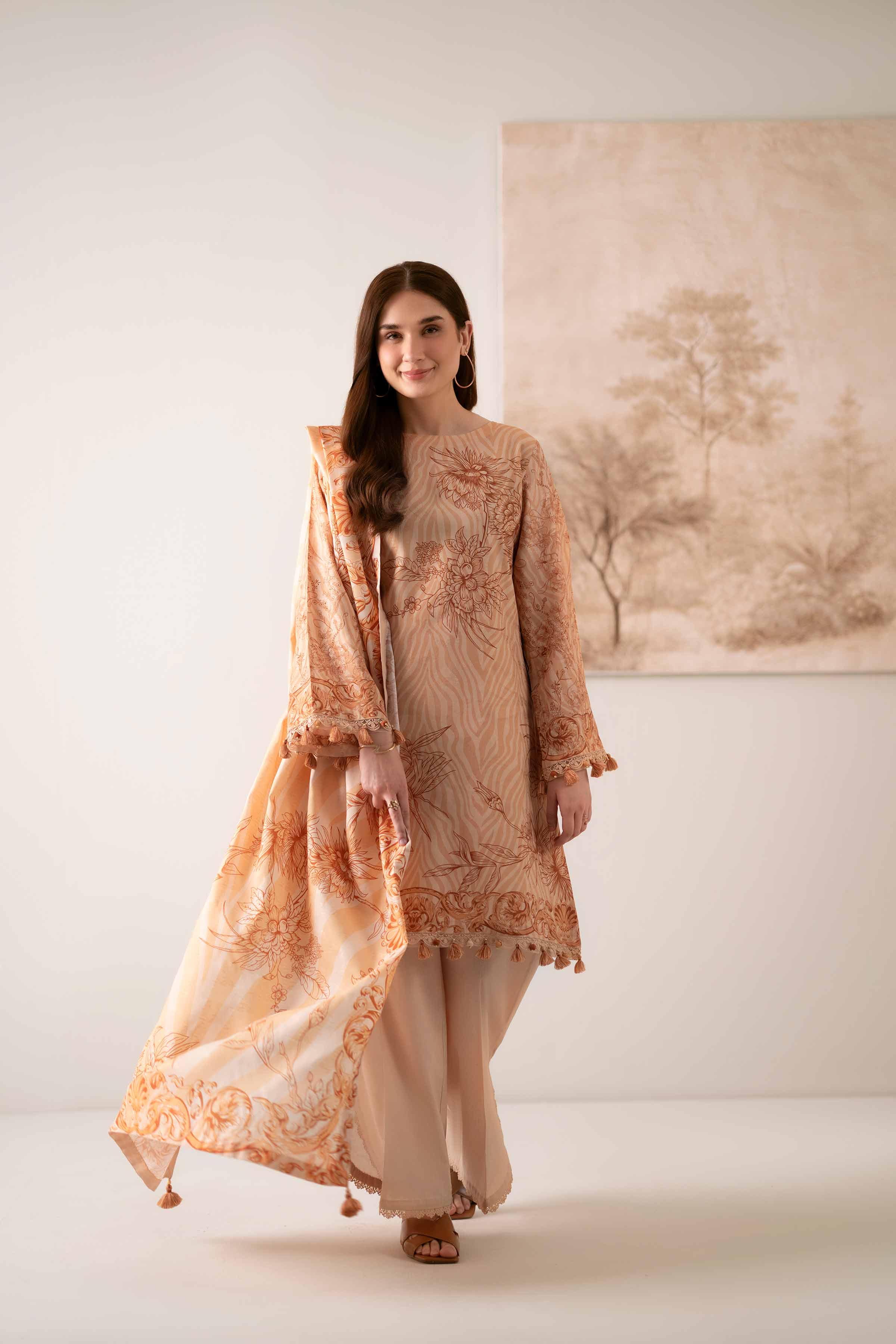 3 Piece - Digital Printed Suit - 42502905 Unstitched Orange Jacquard 3PC Printed