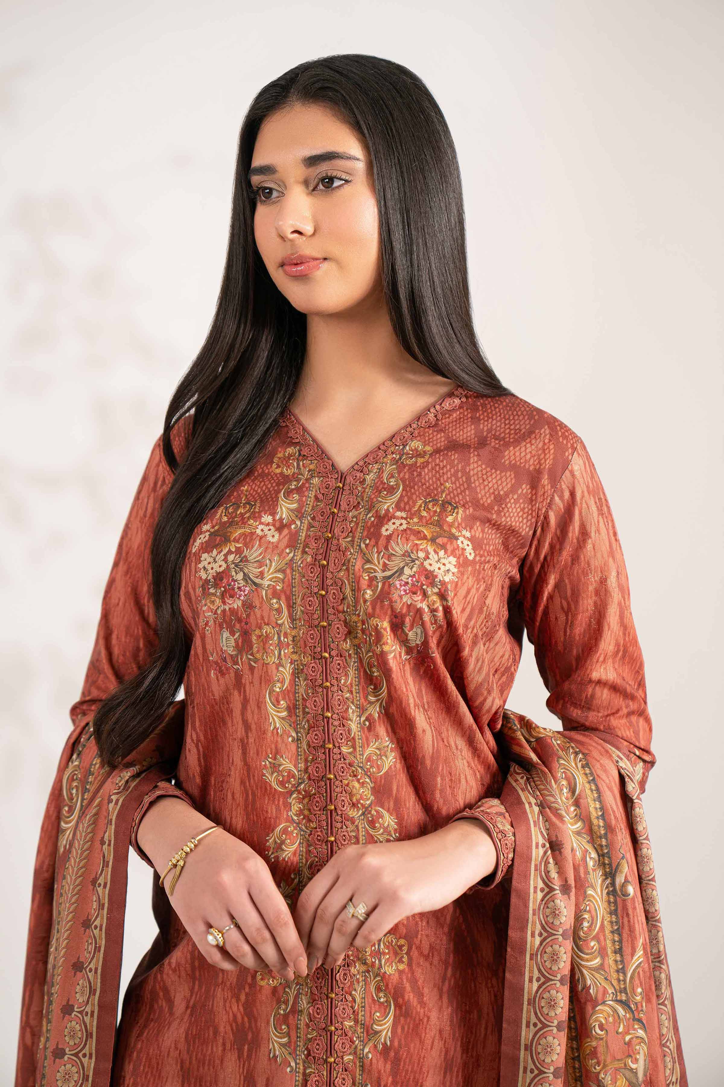 3 Piece - Digital Printed Suit - 42502906 Unstitched Brown Jacquard 3PC Printed
