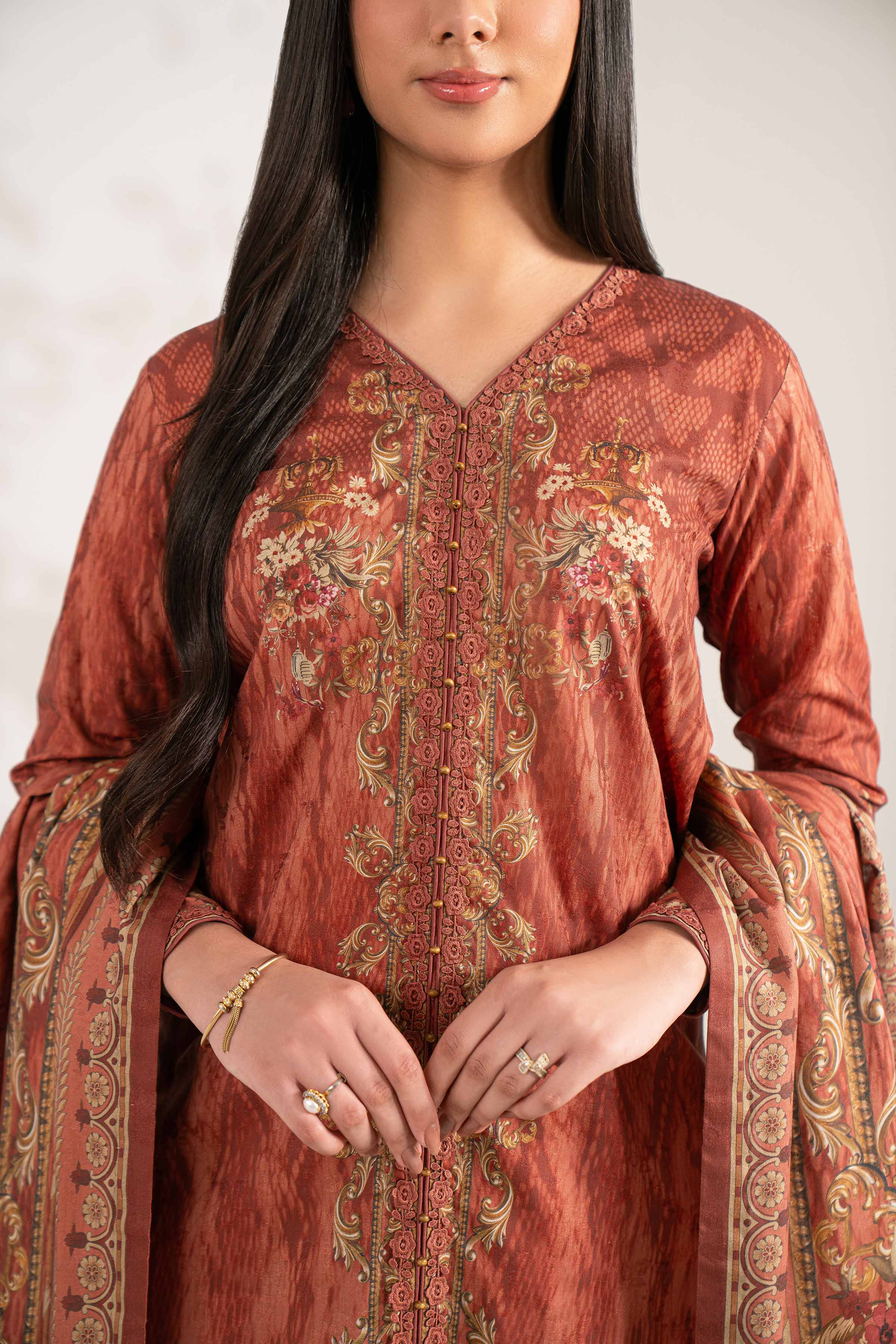 3 Piece - Digital Printed Suit - 42502906 Unstitched Brown Jacquard 3PC Printed