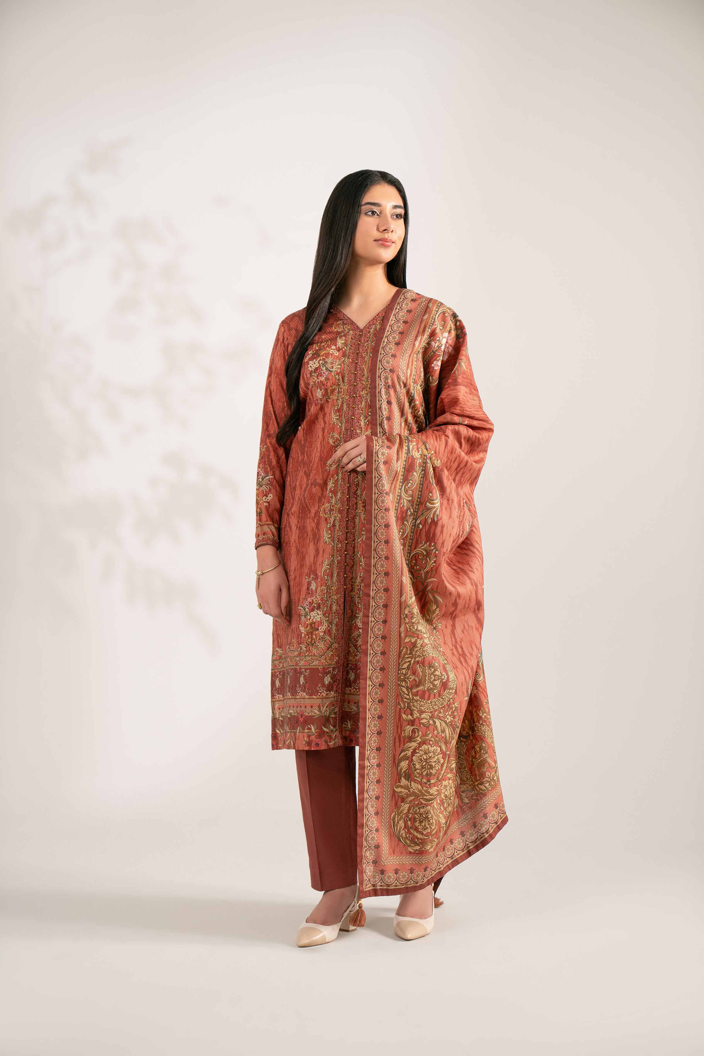 3 Piece - Digital Printed Suit - 42502906 Unstitched Brown Jacquard 3PC Printed