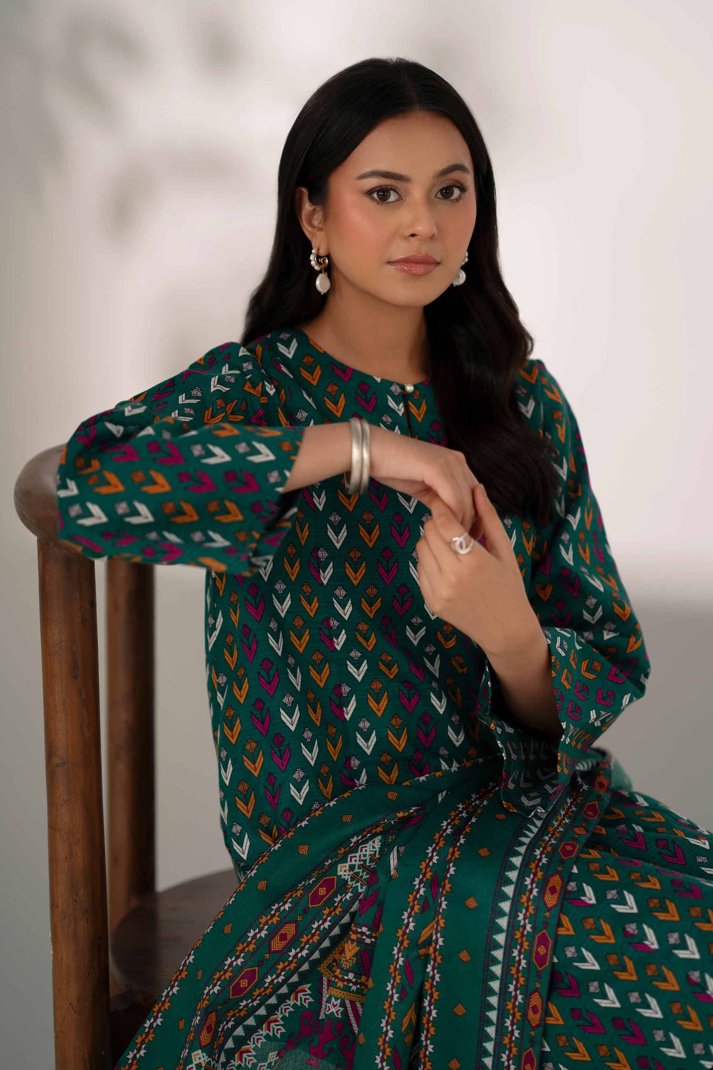 3 Piece - Printed Suit - 42502944 Unstitched Green Khaddar 3PC Printed