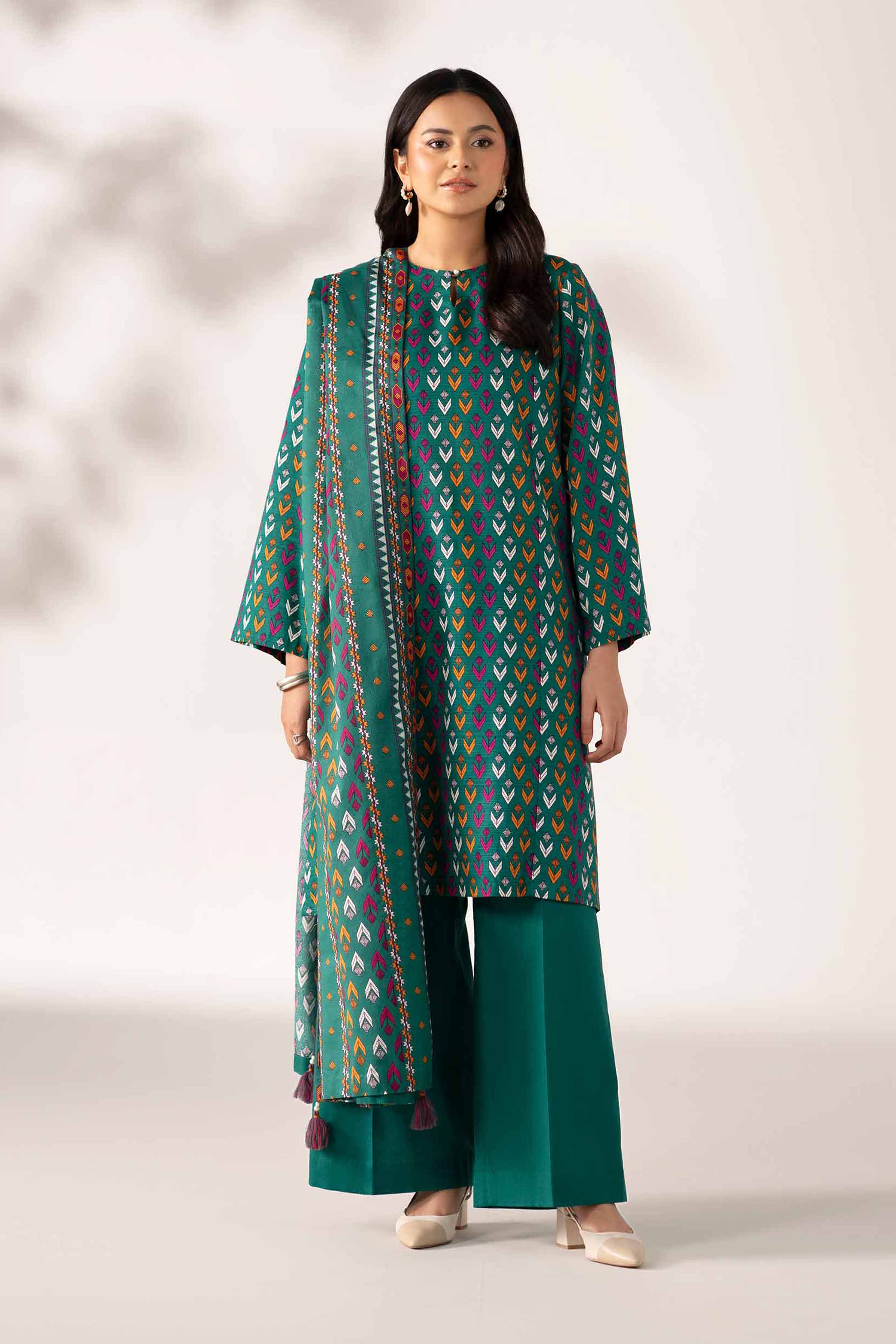 3 Piece - Printed Suit - 42502944 Unstitched Green Khaddar 3PC Printed