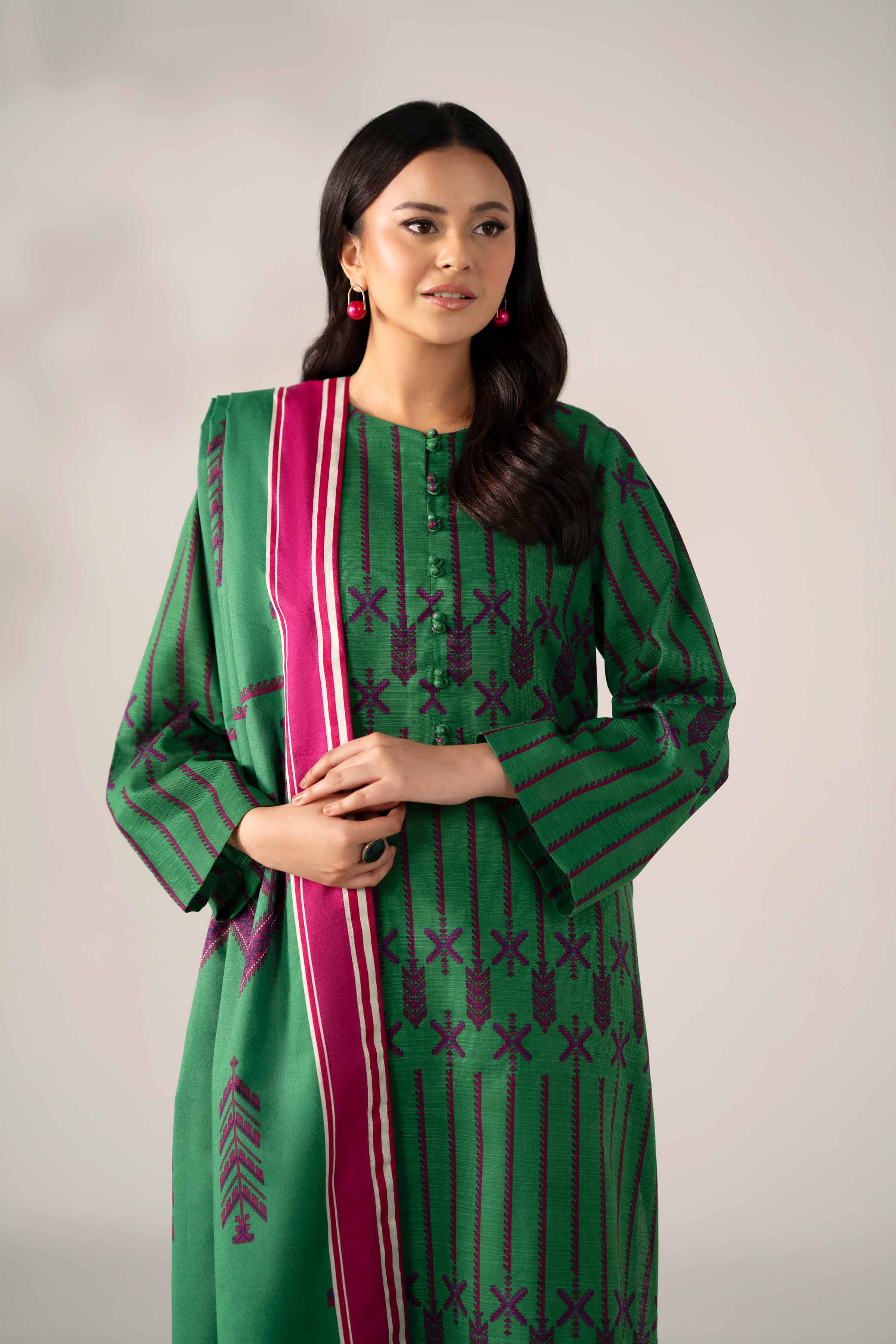 3 Piece - Printed Suit - 42502945 Unstitched Green Khaddar 3PC Printed