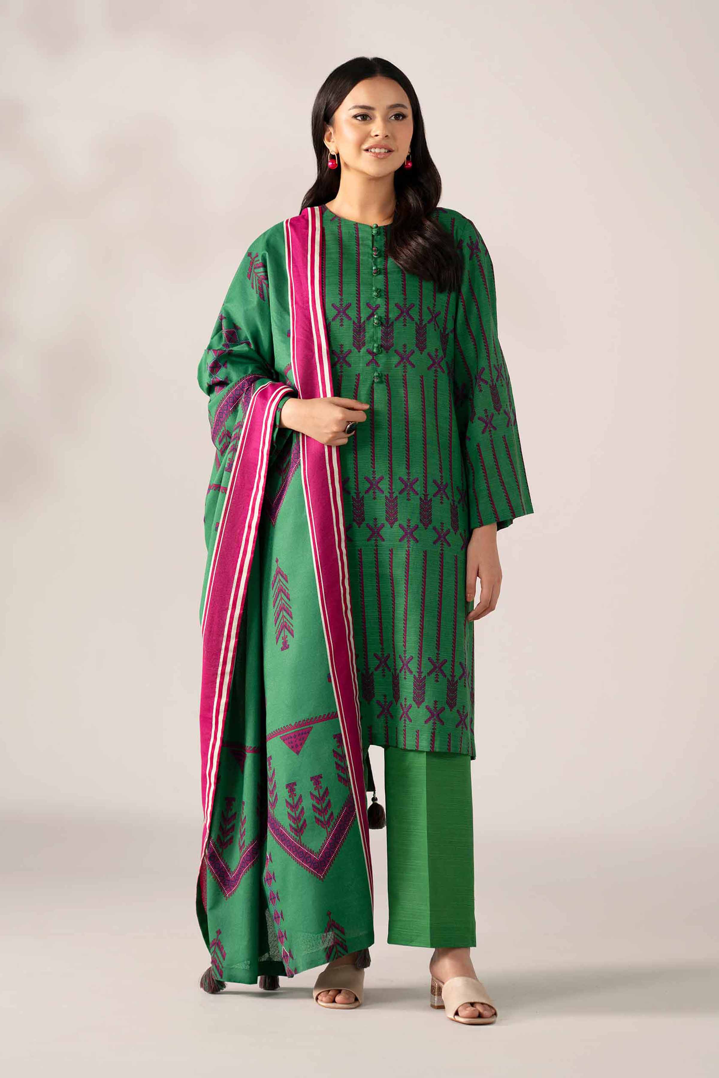 3 Piece - Printed Suit - 42502945 Unstitched Green Khaddar 3PC Printed