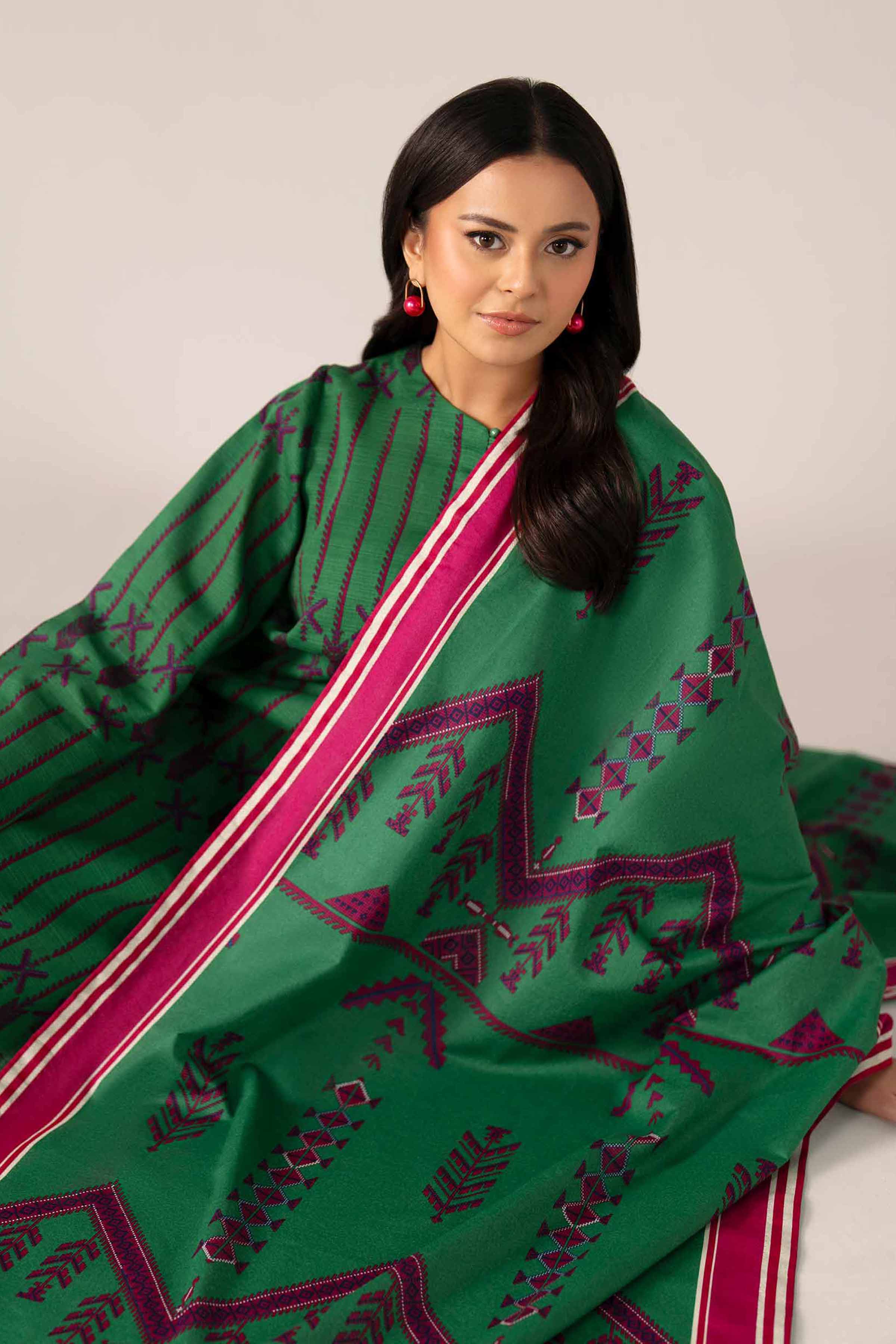 3 Piece - Printed Suit - 42502945 Unstitched Green Khaddar 3PC Printed