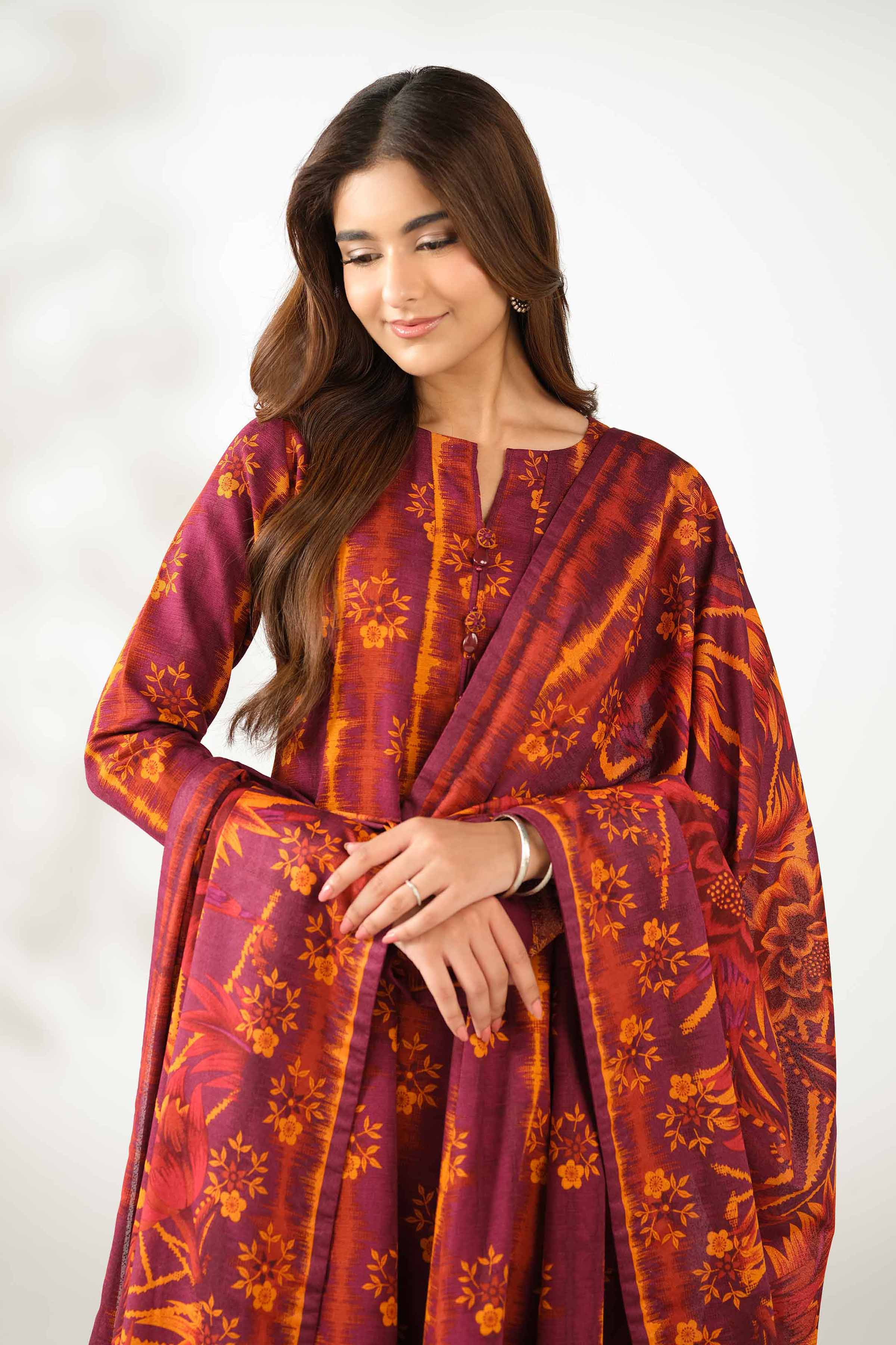 3 Piece - Printed Suit - 42502948 Unstitched Purple Khaddar 3PC Printed