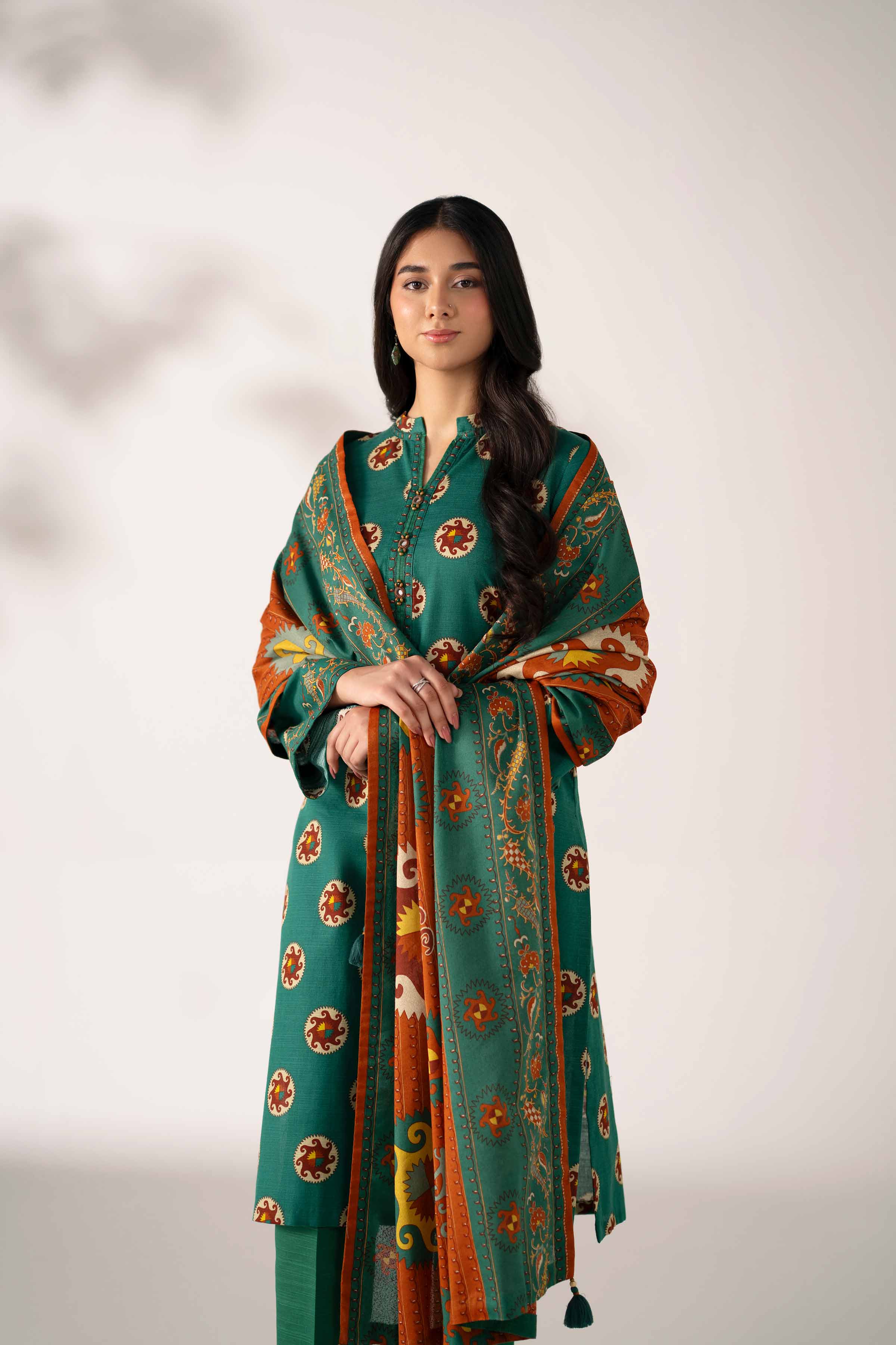 3 Piece - Printed Suit - 42502949 Unstitched Green Khaddar 3PC Printed