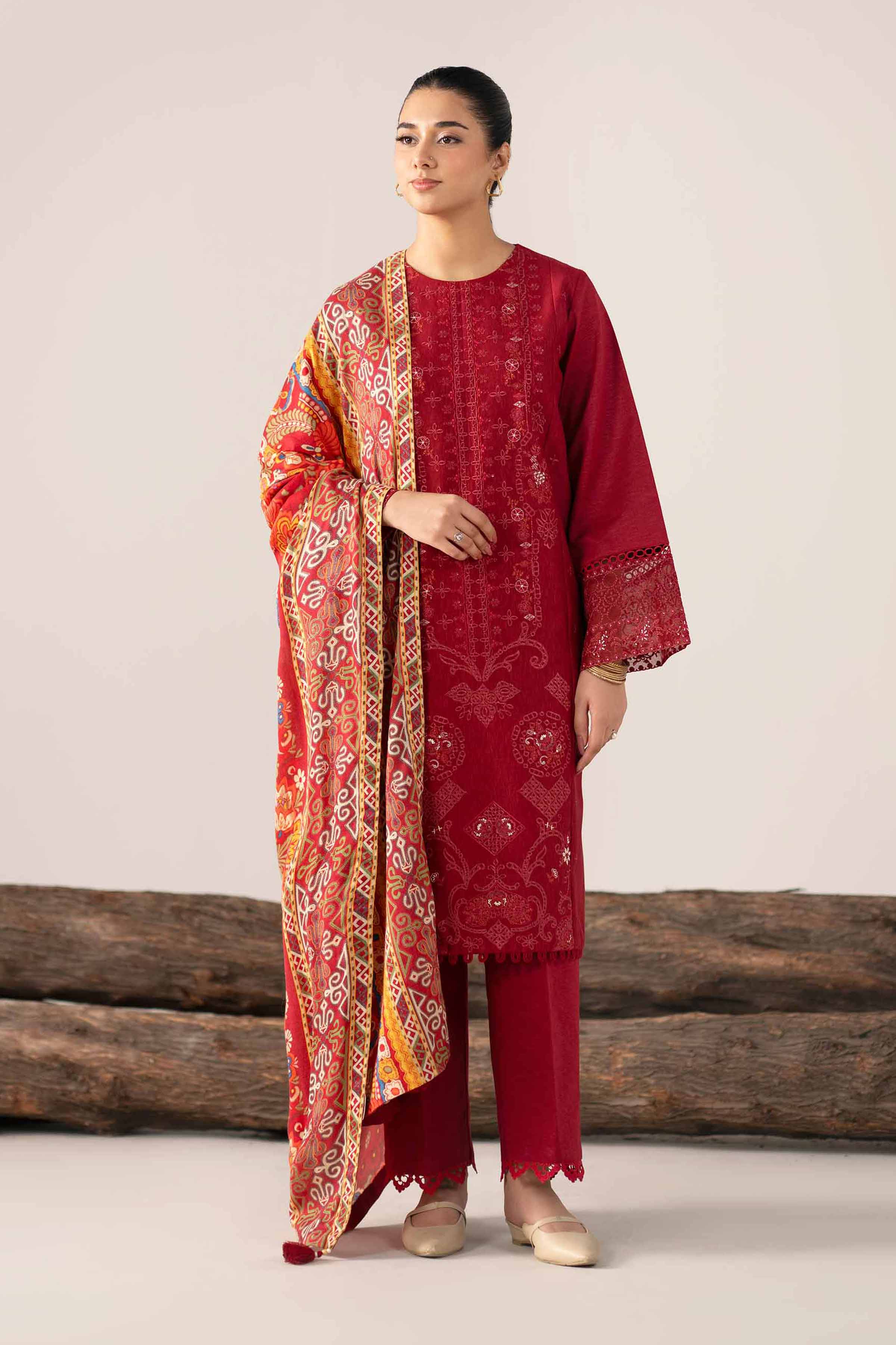 3 Piece - Digital Printed Embroidered Suit - 42502978 Unstitched Maroon Karandi 3PC Embroidered