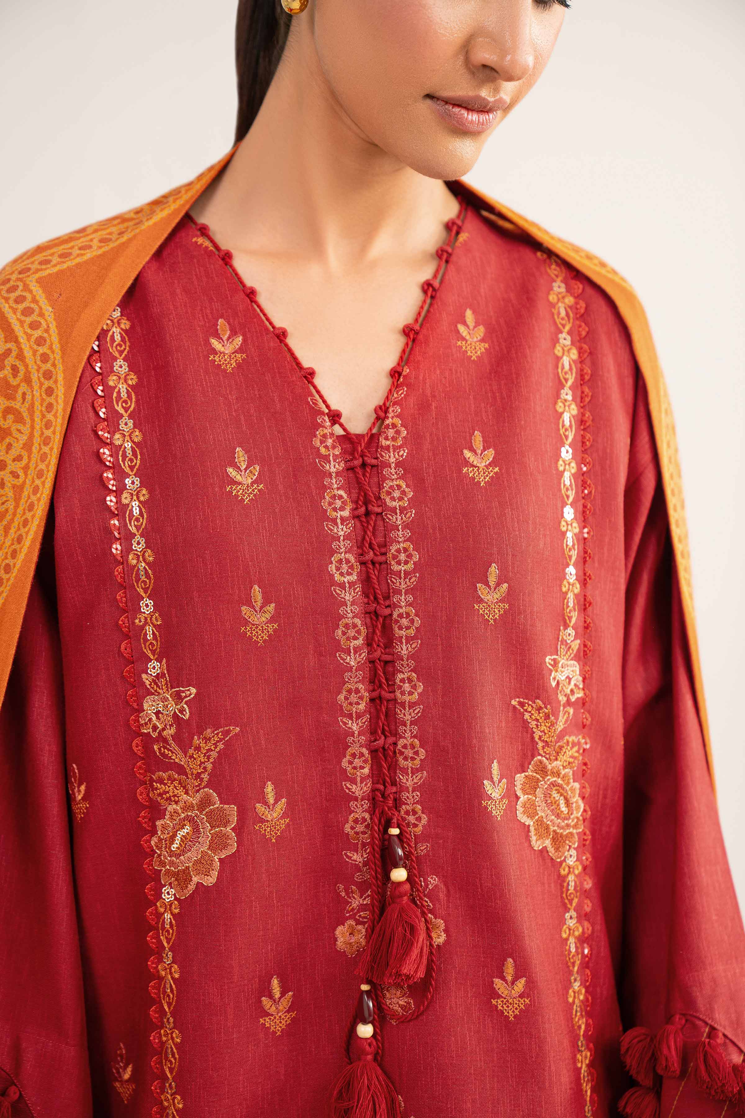 3 Piece - Digital Printed Embroidered Suit - 42502983 Unstitched Red Karandi 3PC Embroidered