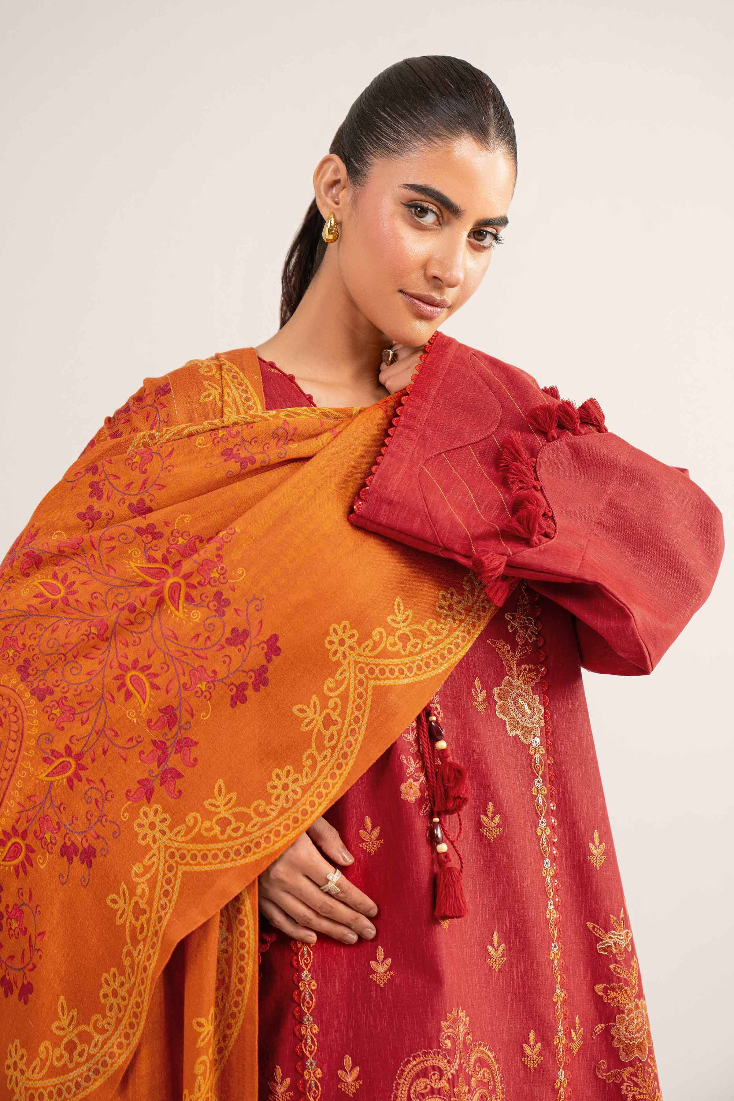 3 Piece - Digital Printed Embroidered Suit - 42502983 Unstitched Red Karandi 3PC Embroidered