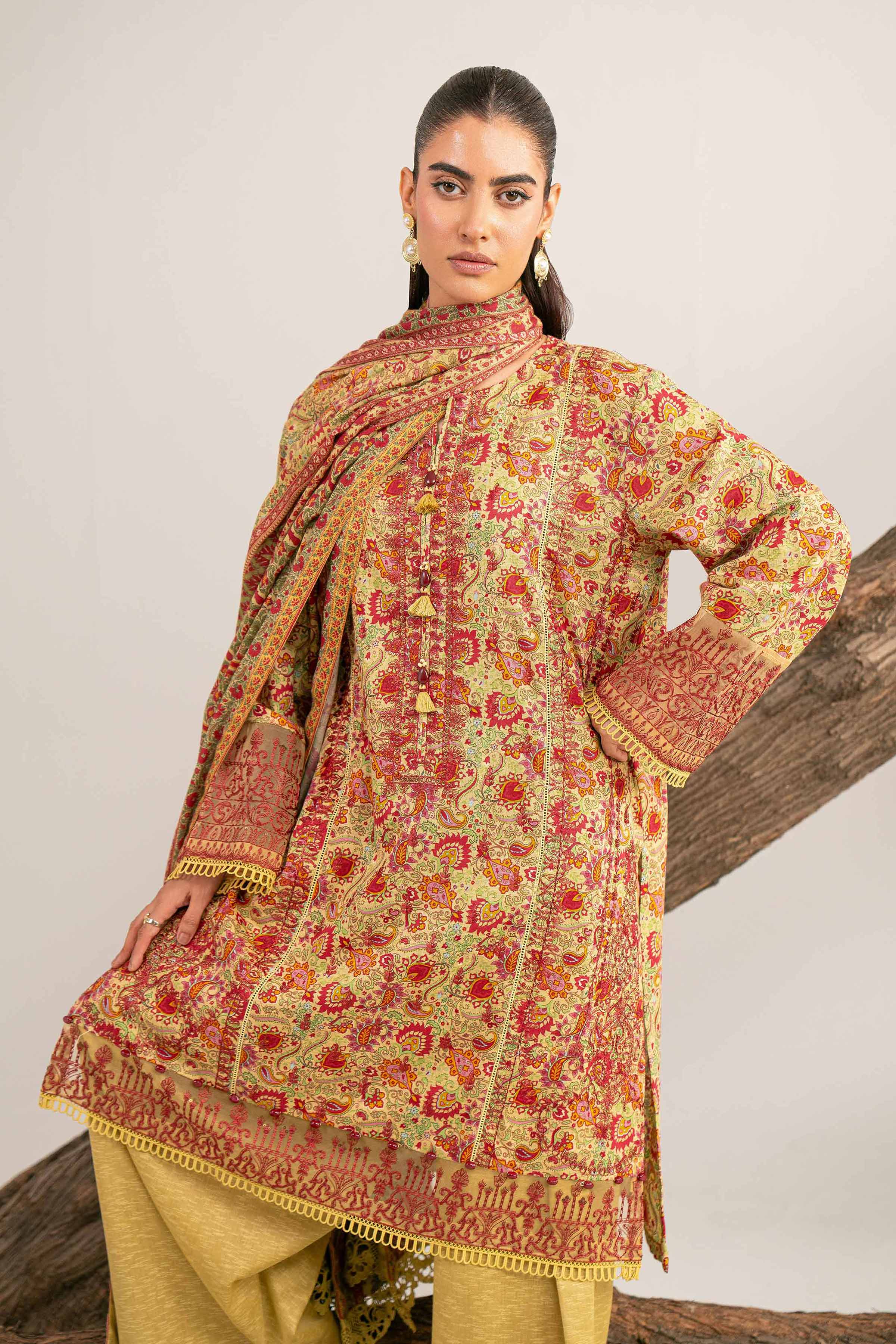 3 Piece - Digital Printed Embroidered Suit - 42502988 Unstitched Green Karandi 3PC Embroidered