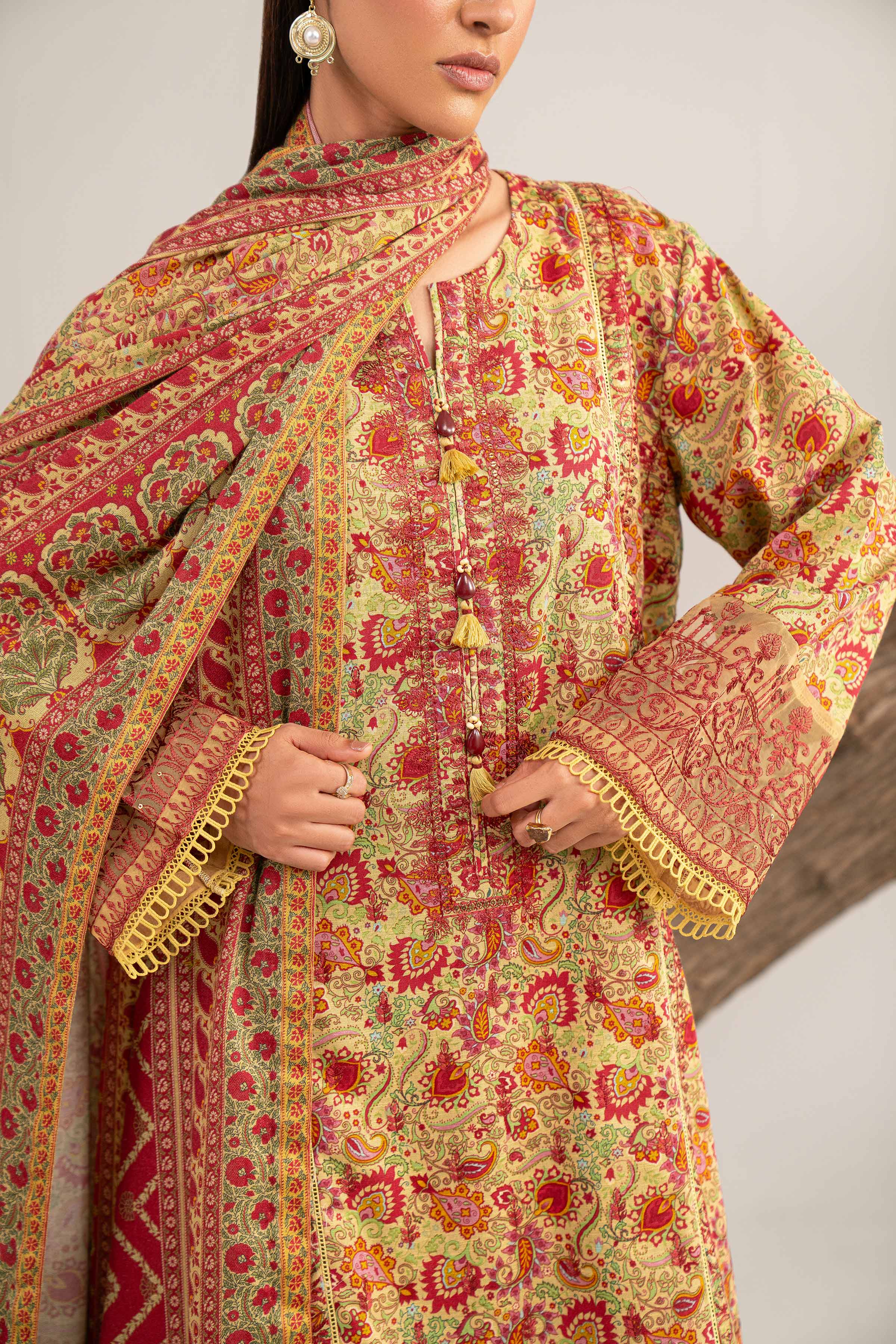 3 Piece - Digital Printed Embroidered Suit - 42502988 Unstitched Green Karandi 3PC Embroidered
