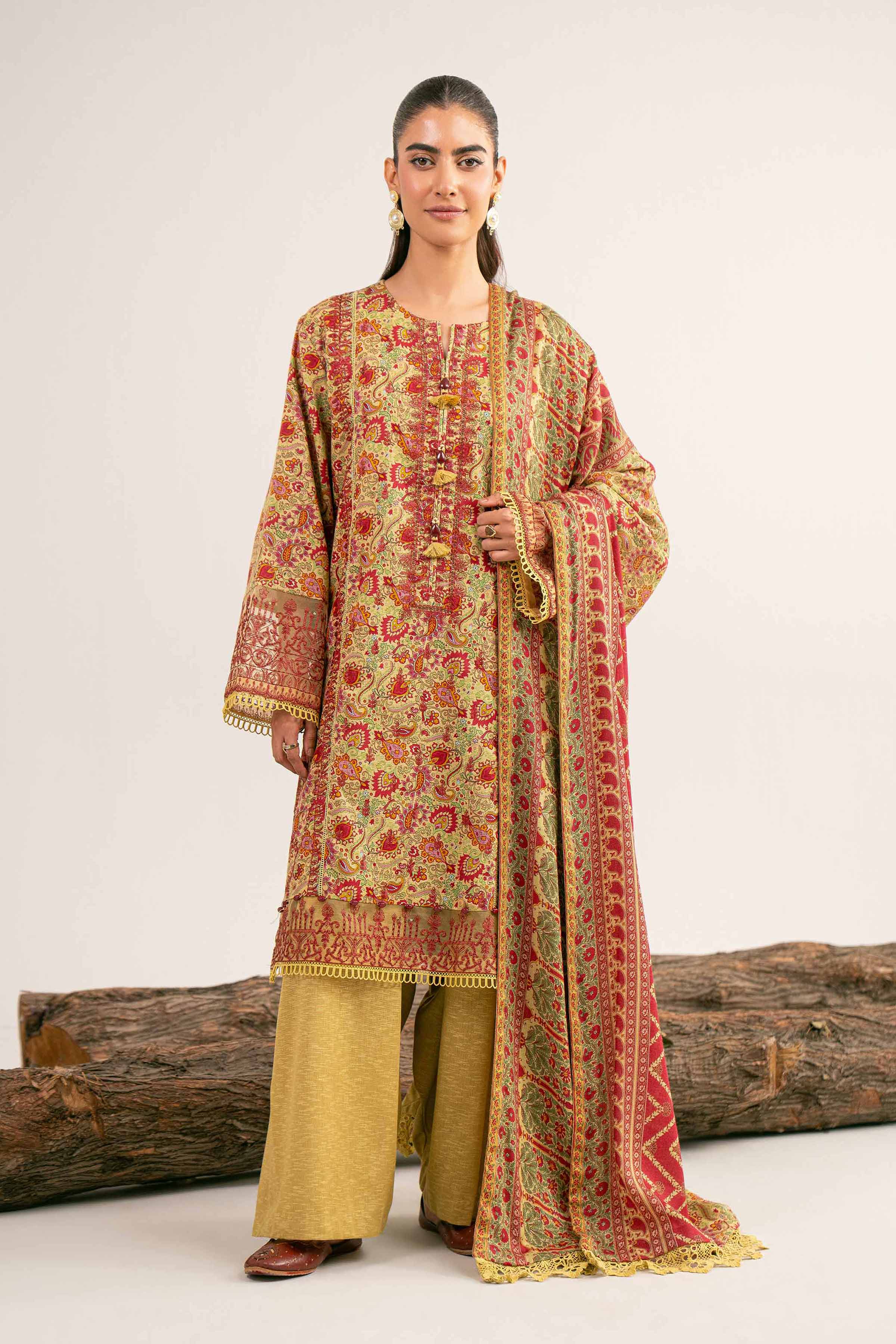 3 Piece - Digital Printed Embroidered Suit - 42502988 Unstitched Green Karandi 3PC Embroidered