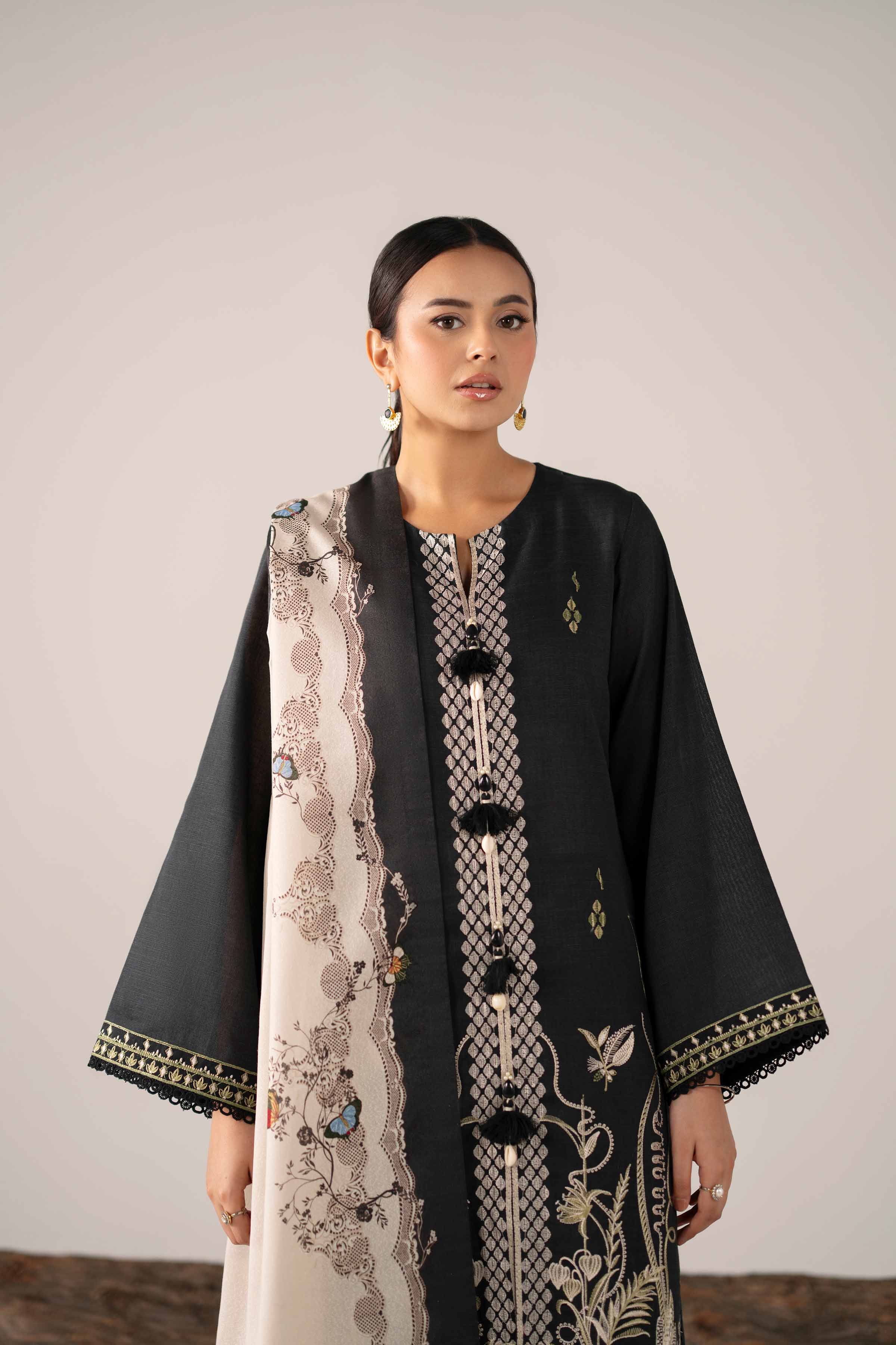 3 Piece - Printed Embroidered Suit - 42503517 Unstitched Black Khaddar 3PC Embroidered
