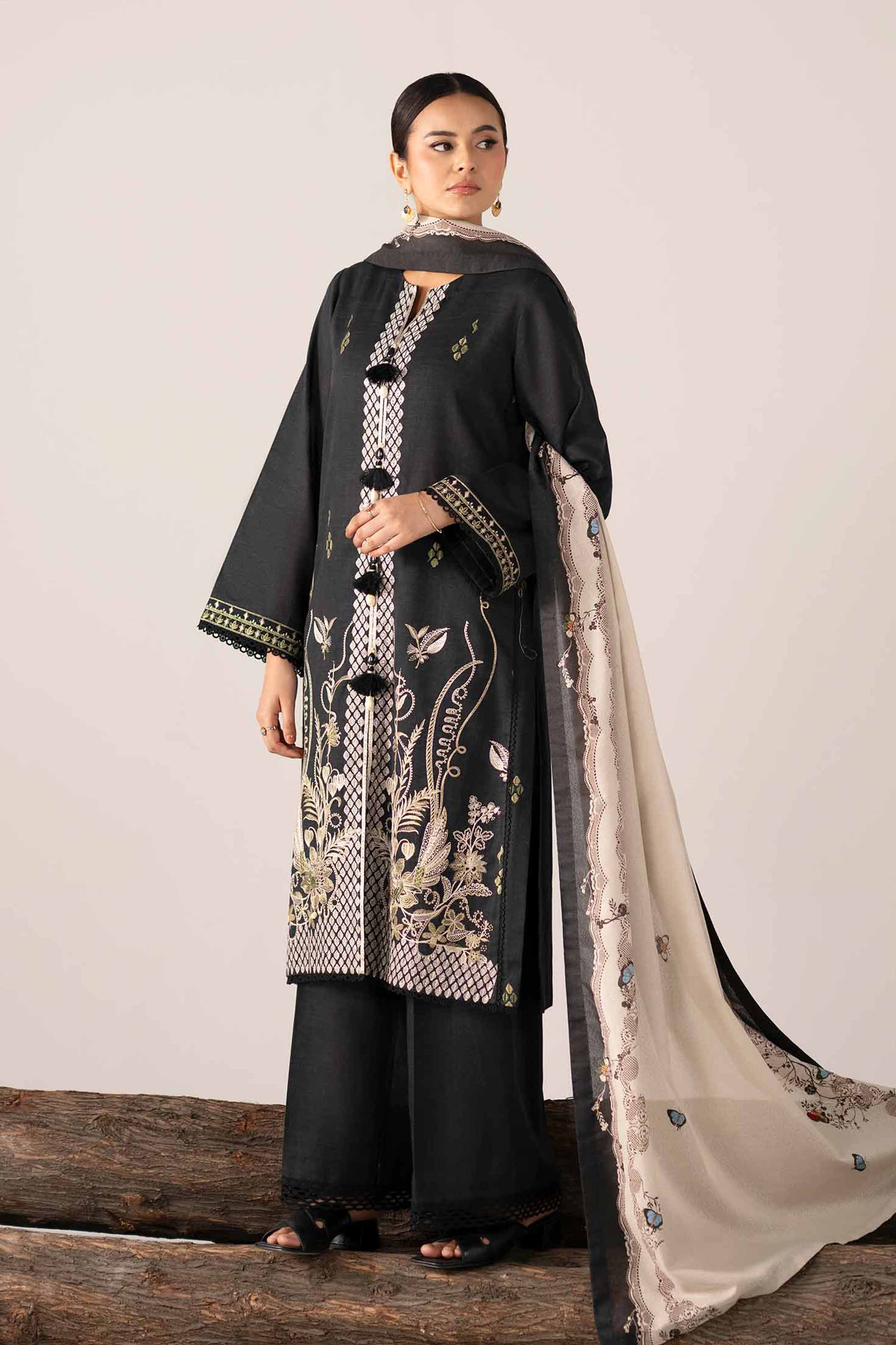 3 Piece - Printed Embroidered Suit - 42503517 Unstitched Black Khaddar 3PC Embroidered