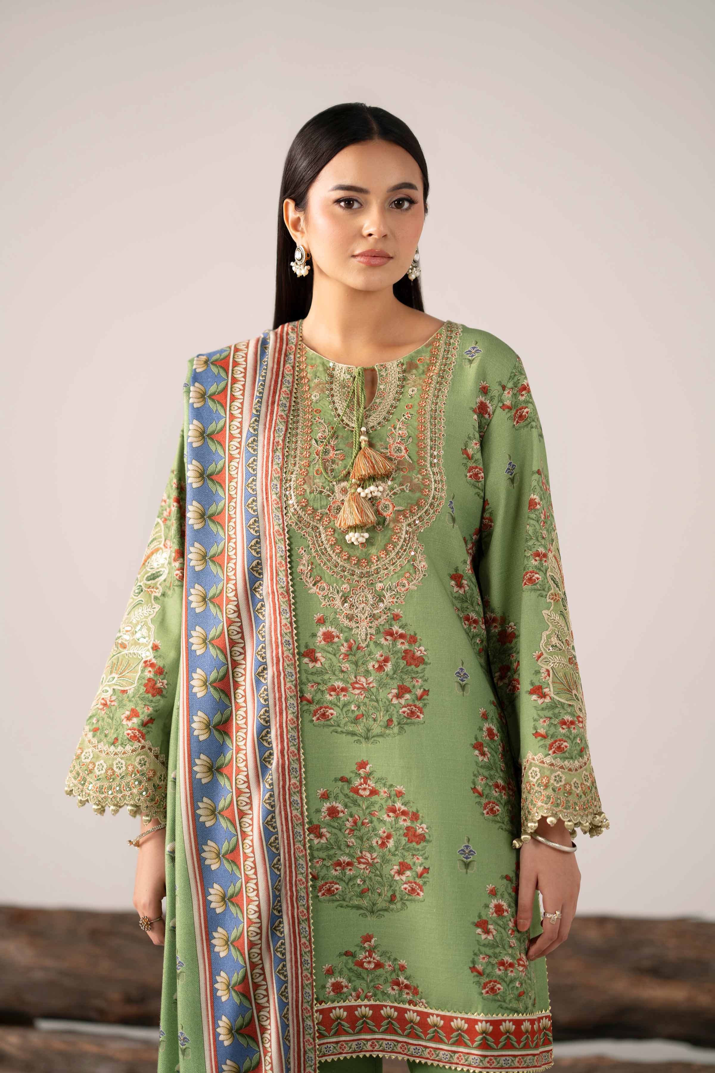 3 Piece - Printed Embroidered Suit - 42503536 Unstitched Green Khaddar 3PC Embroidered