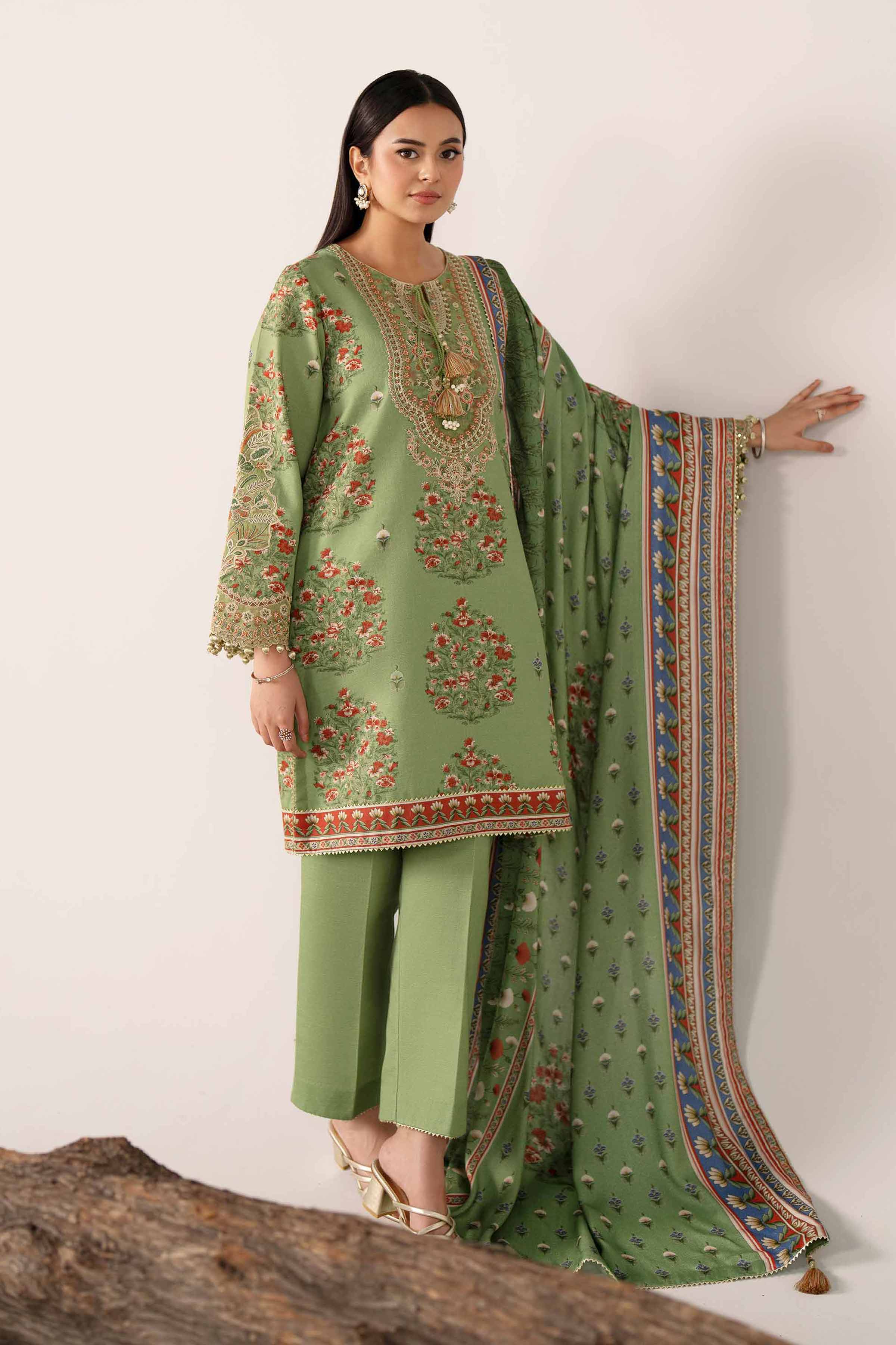3 Piece - Printed Embroidered Suit - 42503536 Unstitched Green Khaddar 3PC Embroidered