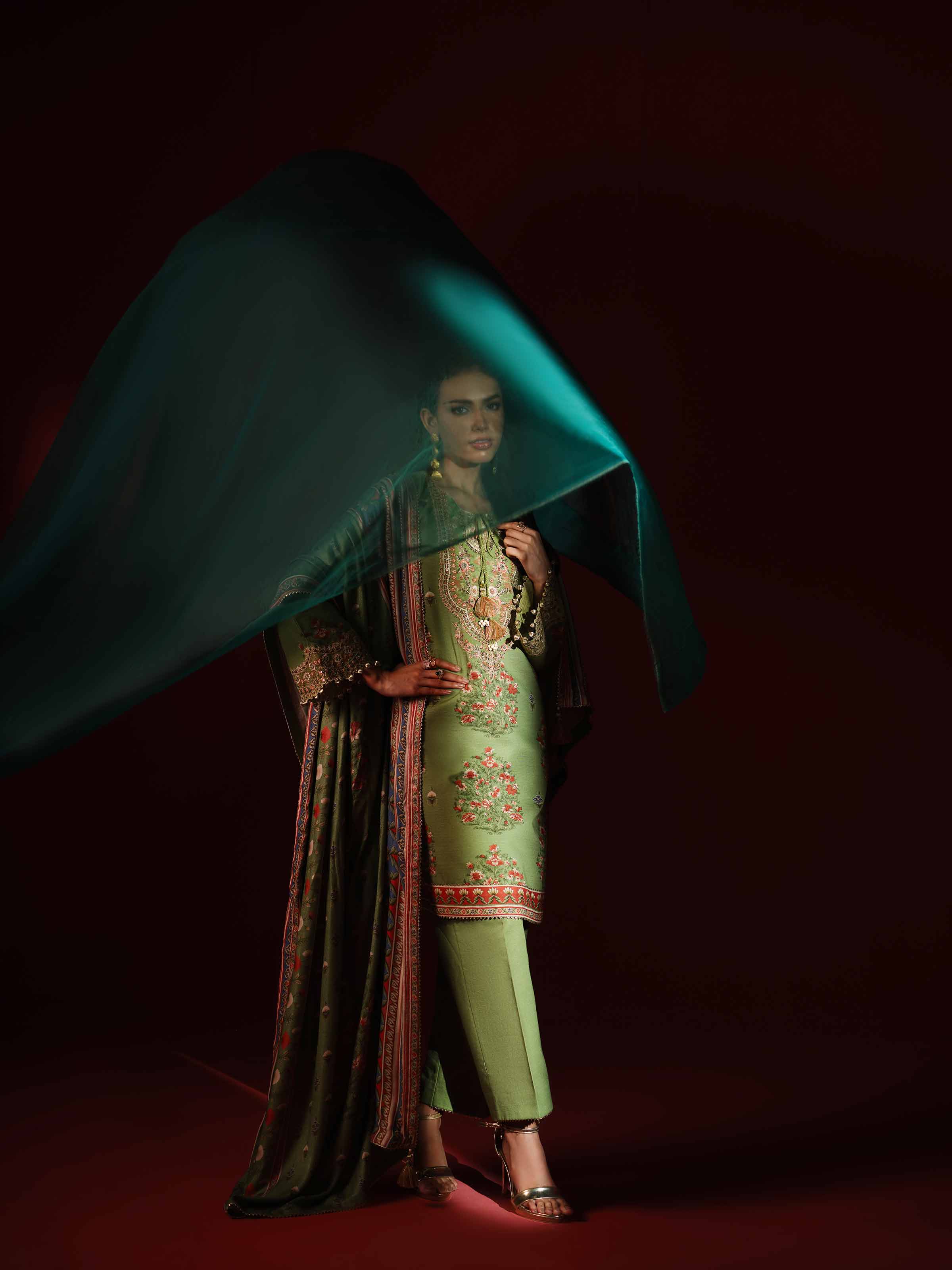 3 Piece - Printed Embroidered Suit - 42503536 Unstitched Green Khaddar 3PC Embroidered