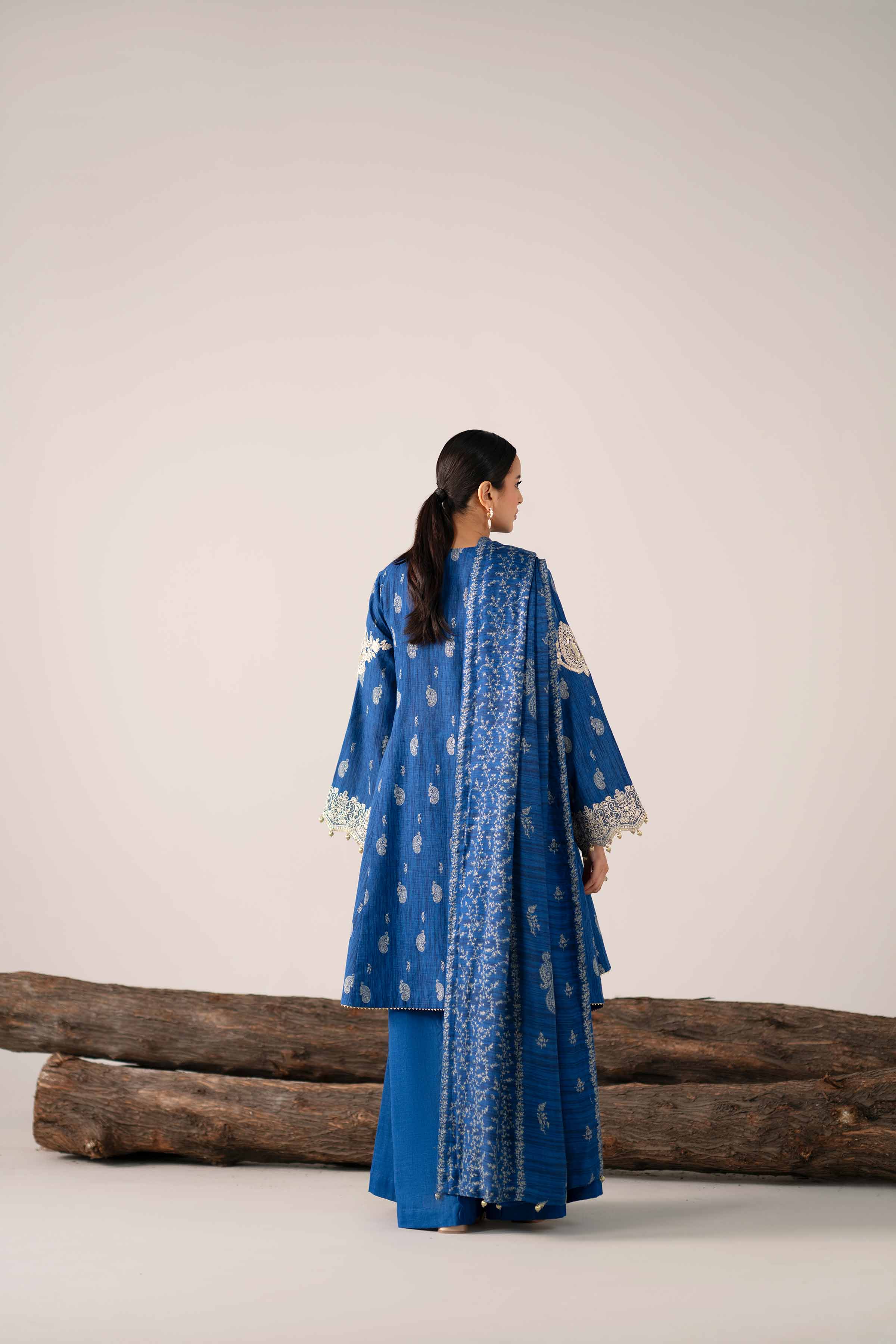 3 Piece - Printed Embroidered Suit - 42503537 Unstitched Blue Khaddar 3PC Embroidered