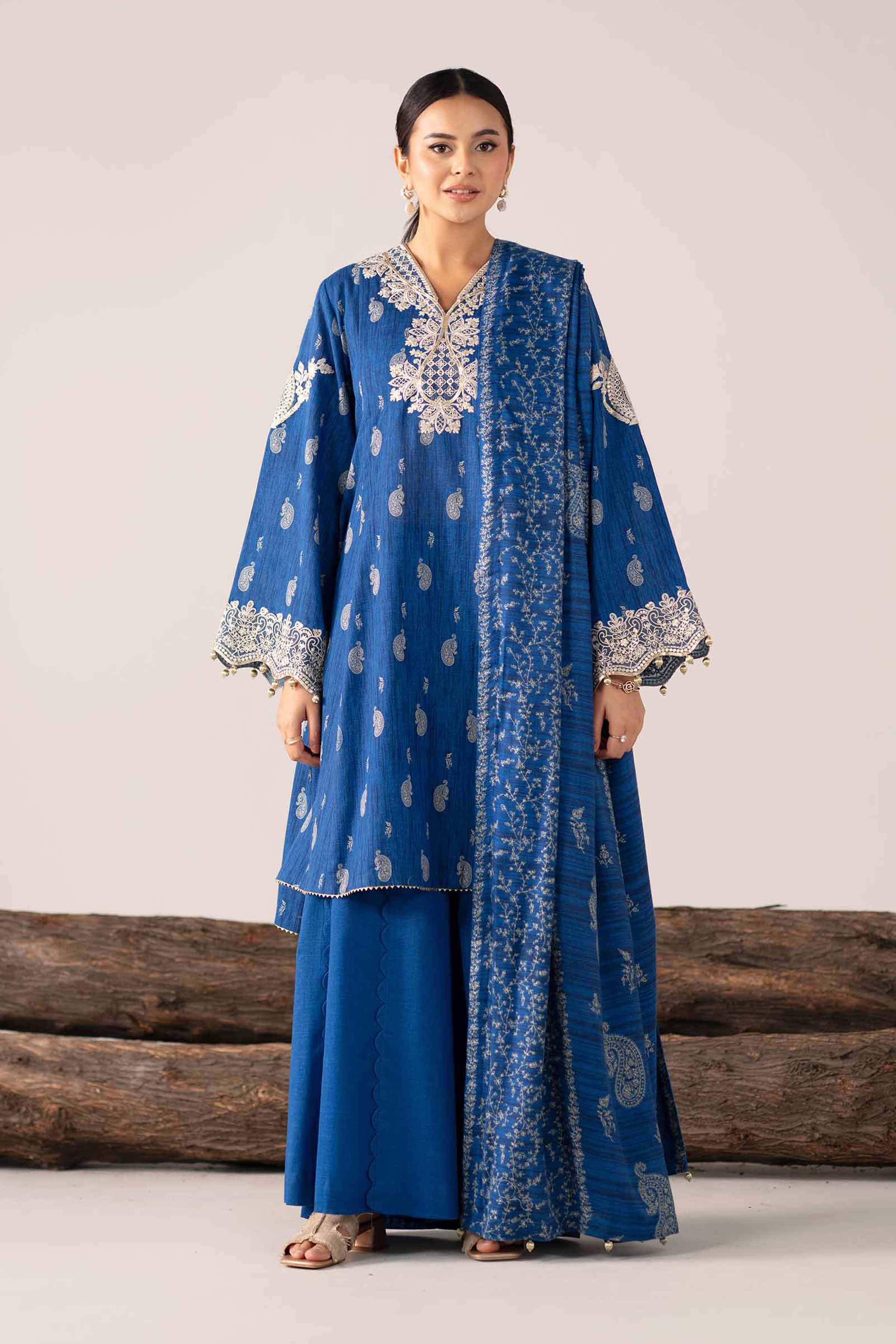 3 Piece - Printed Embroidered Suit - 42503537 Unstitched Blue Khaddar 3PC Embroidered