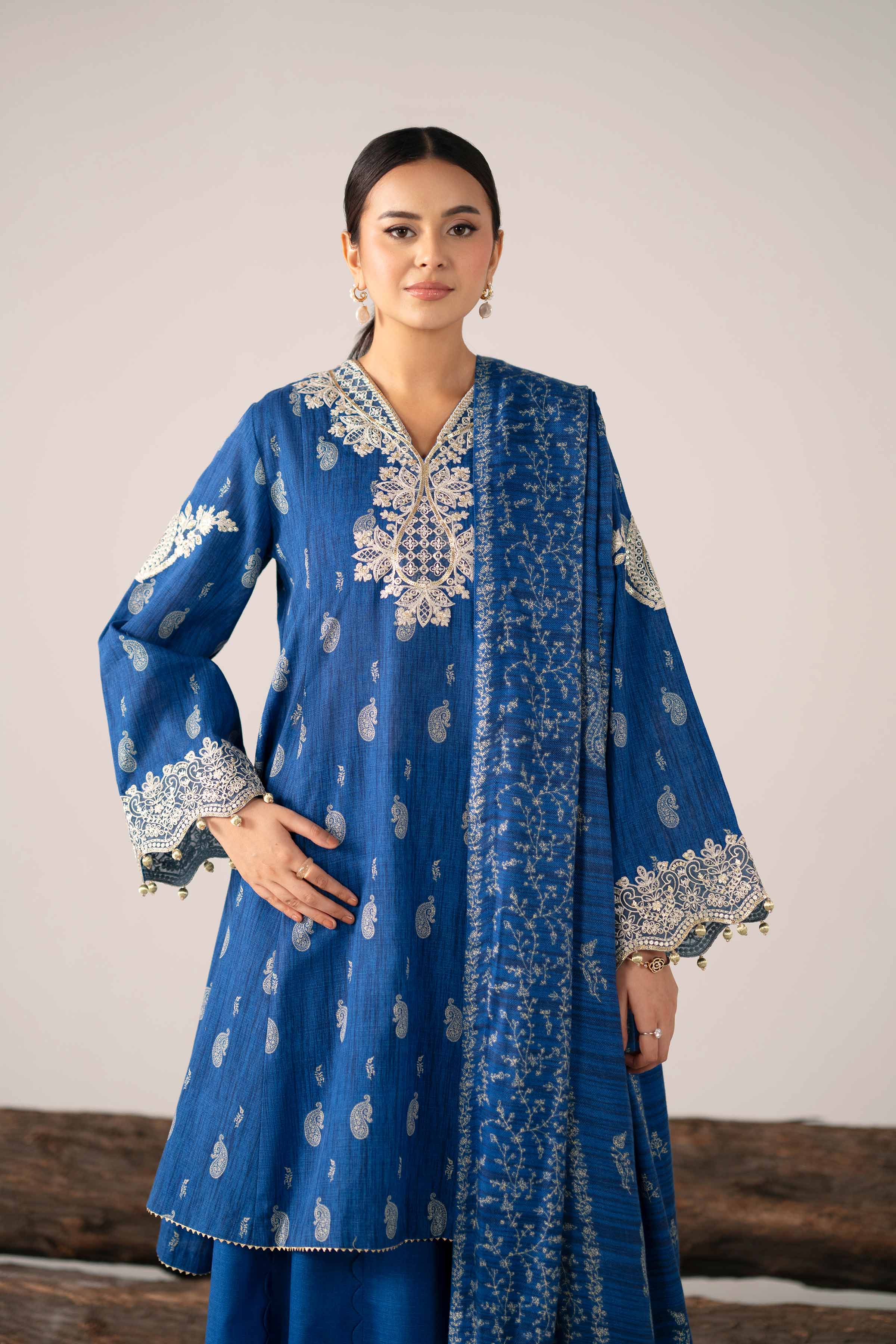 3 Piece - Printed Embroidered Suit - 42503537 Unstitched Blue Khaddar 3PC Embroidered