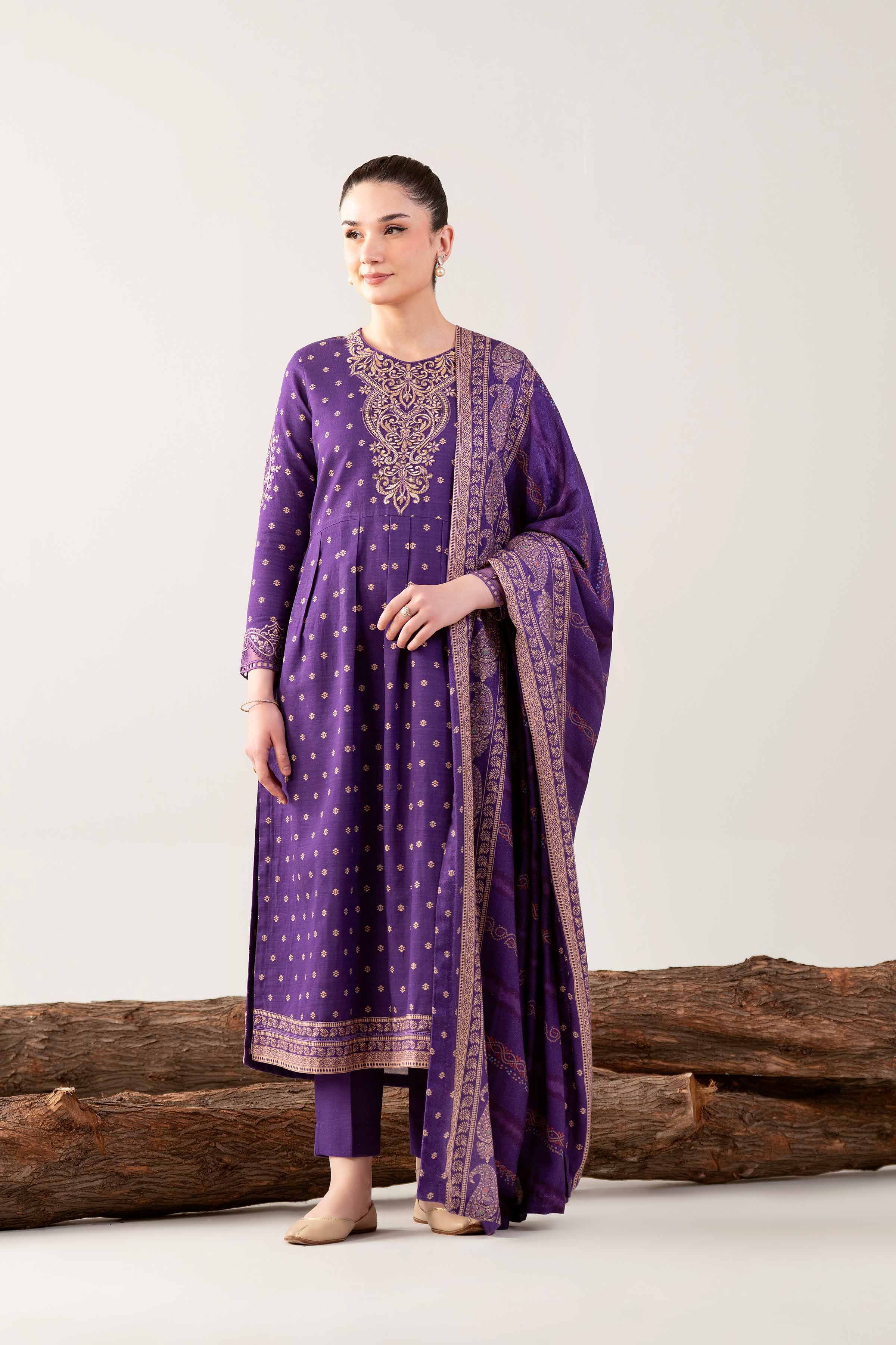 3 Piece - Printed Embroidered Suit - 42503538 Unstitched Purple Khaddar 3PC Embroidered