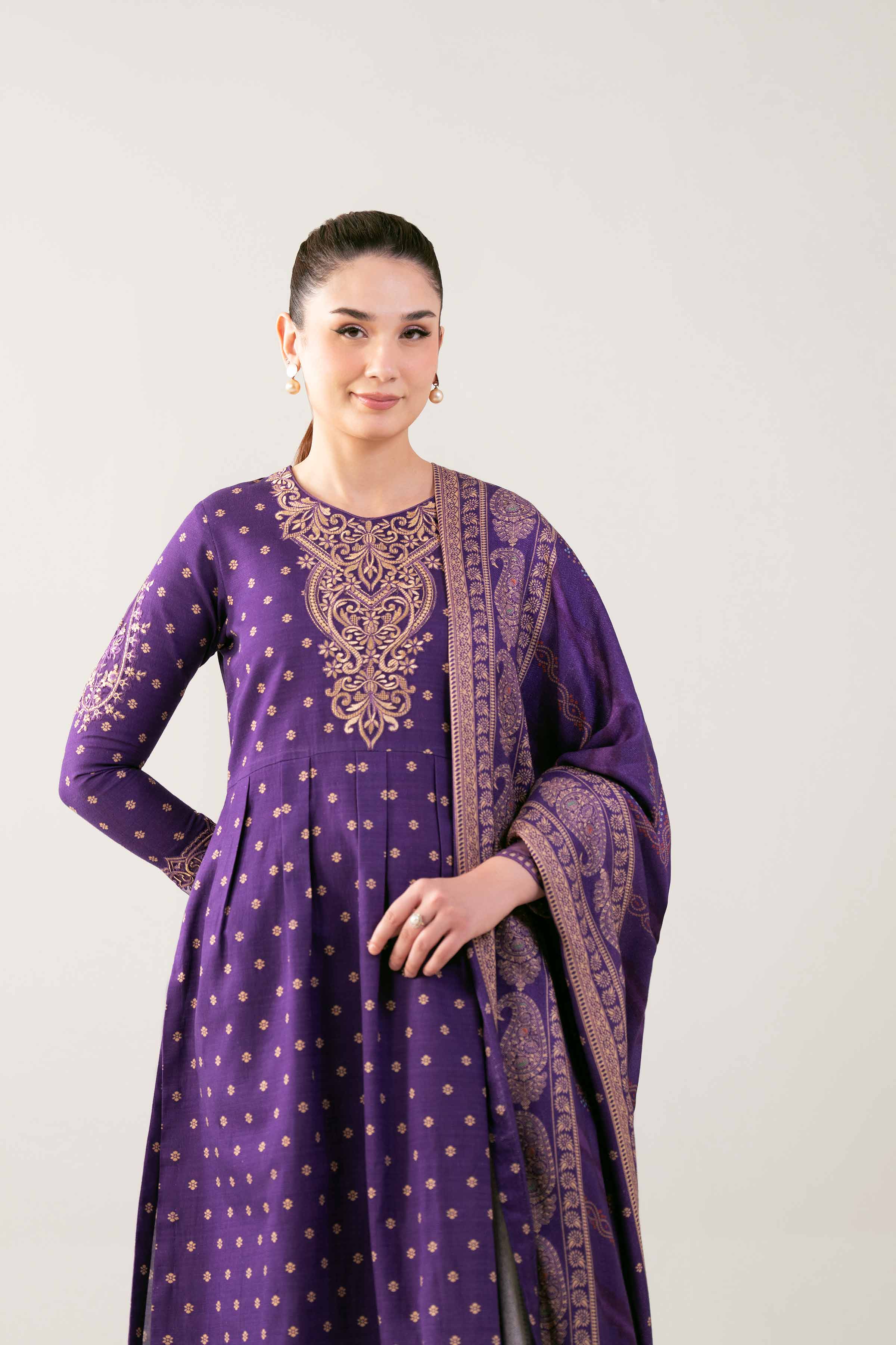 3 Piece - Printed Embroidered Suit - 42503538 Unstitched Purple Khaddar 3PC Embroidered
