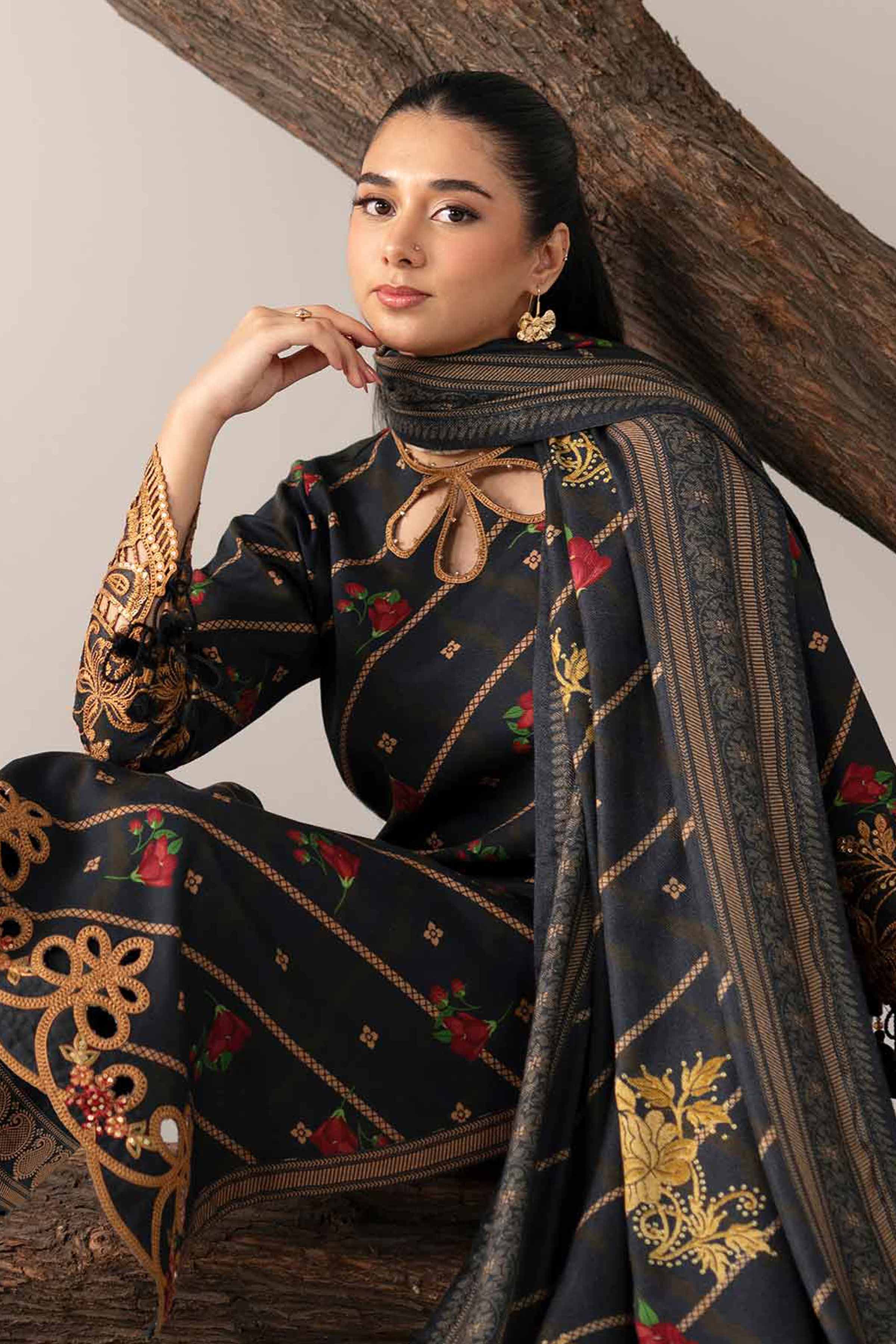 3 Piece - Printed Embroidered Suit - 42503539 Unstitched Black Khaddar 3PC Embroidered