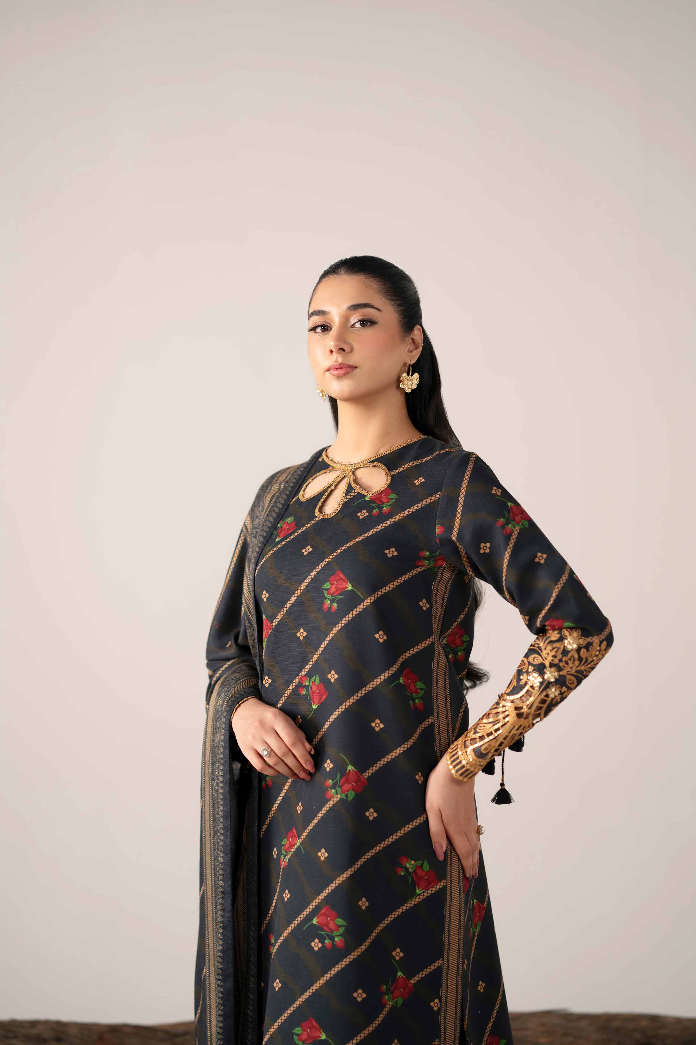 3 Piece - Printed Embroidered Suit - 42503539 Unstitched Black Khaddar 3PC Embroidered