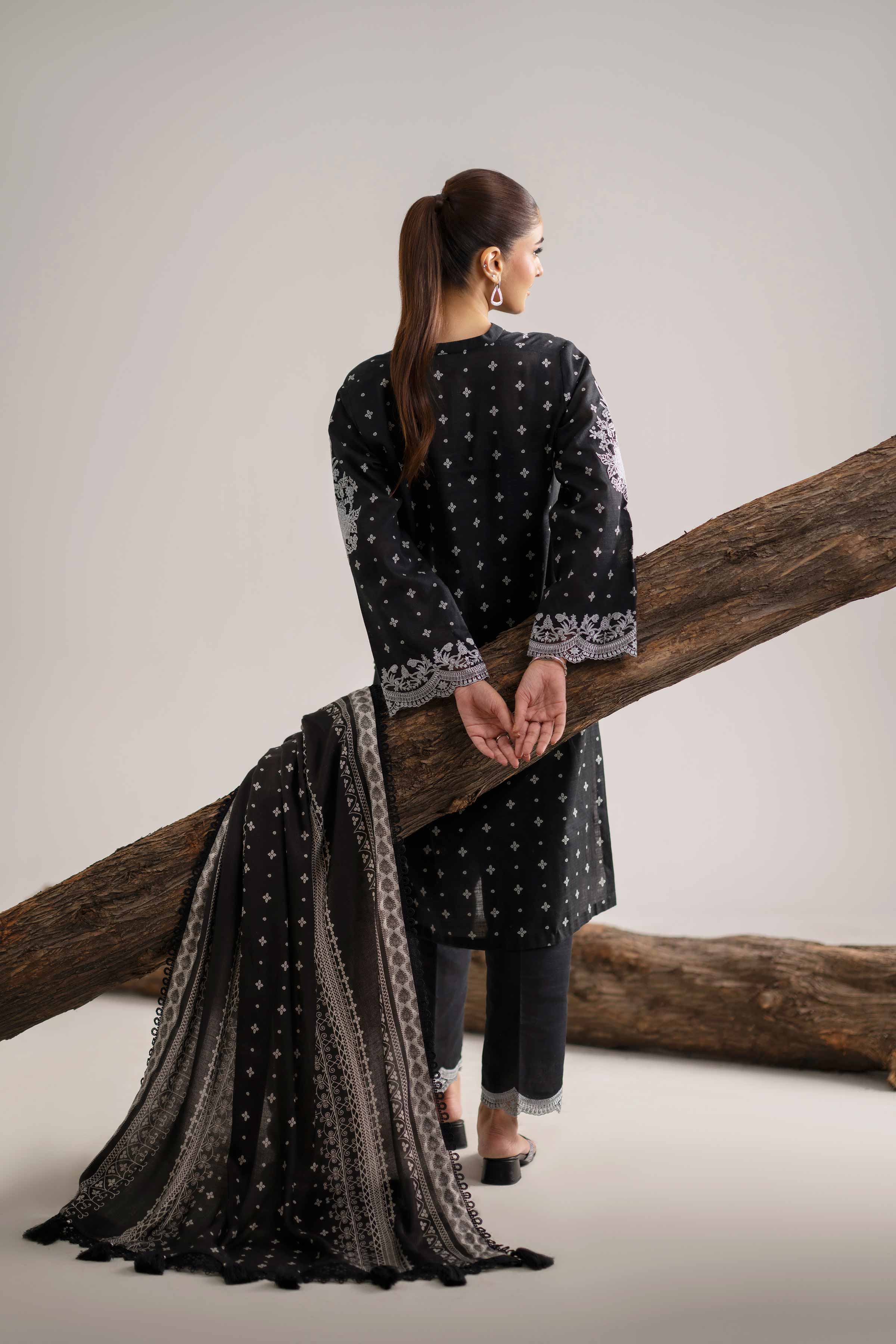 3 Piece - Printed Embroidered Suit - 42503540 Unstitched Black Khaddar 3PC Embroidered