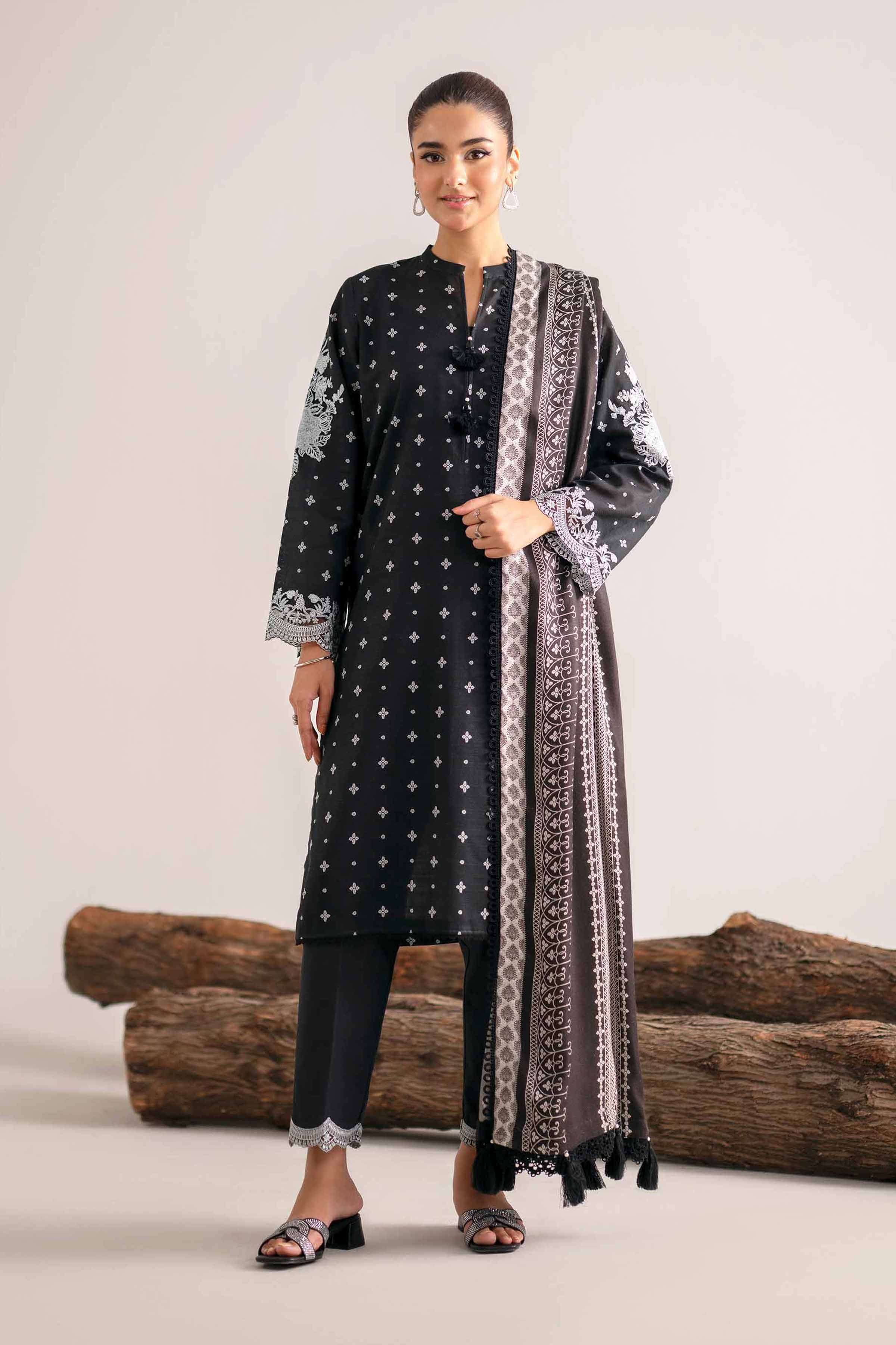 3 Piece - Printed Embroidered Suit - 42503540 Unstitched Black Khaddar 3PC Embroidered