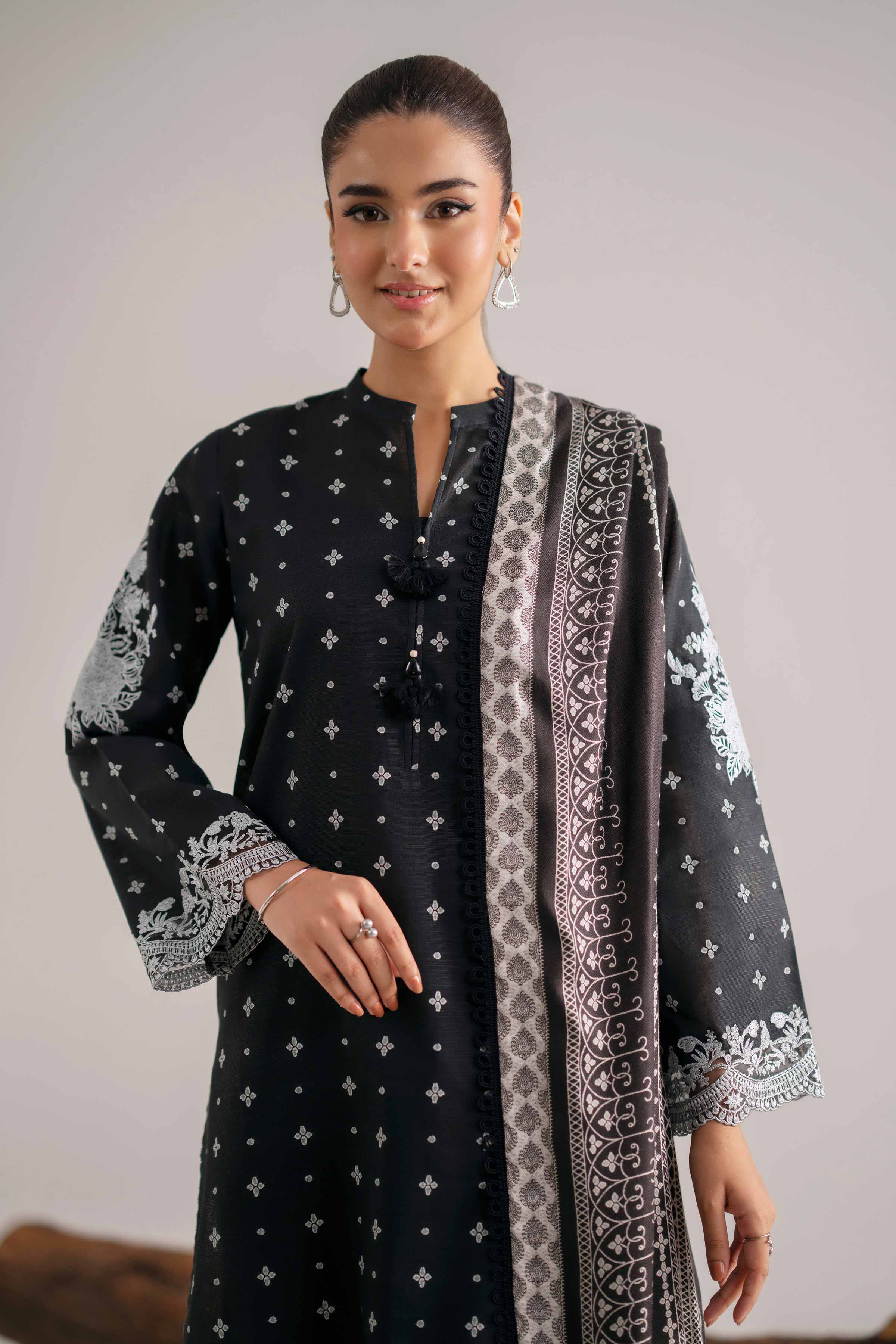 3 Piece - Printed Embroidered Suit - 42503540 Unstitched Black Khaddar 3PC Embroidered