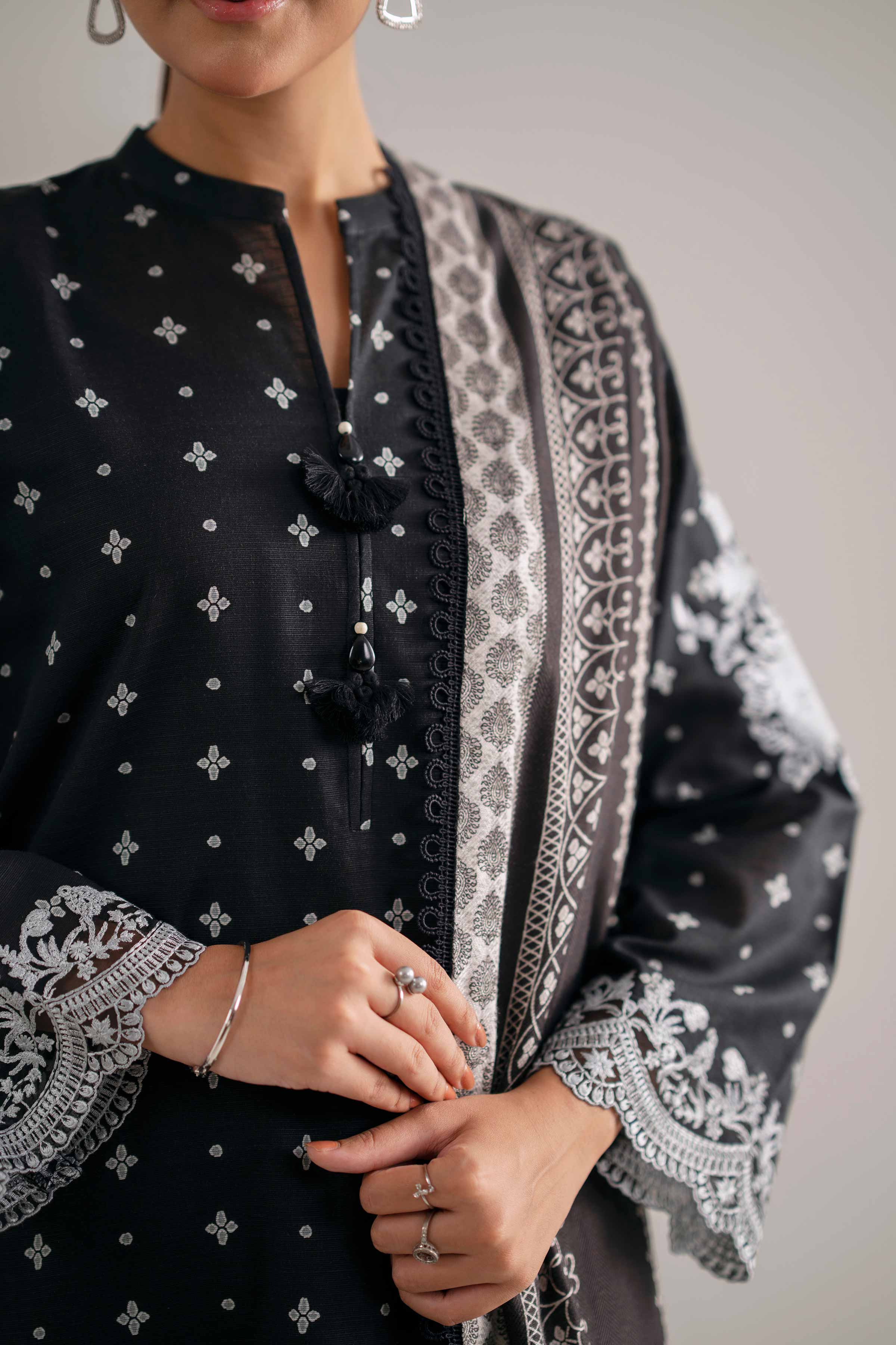 3 Piece - Printed Embroidered Suit - 42503540 Unstitched Black Khaddar 3PC Embroidered