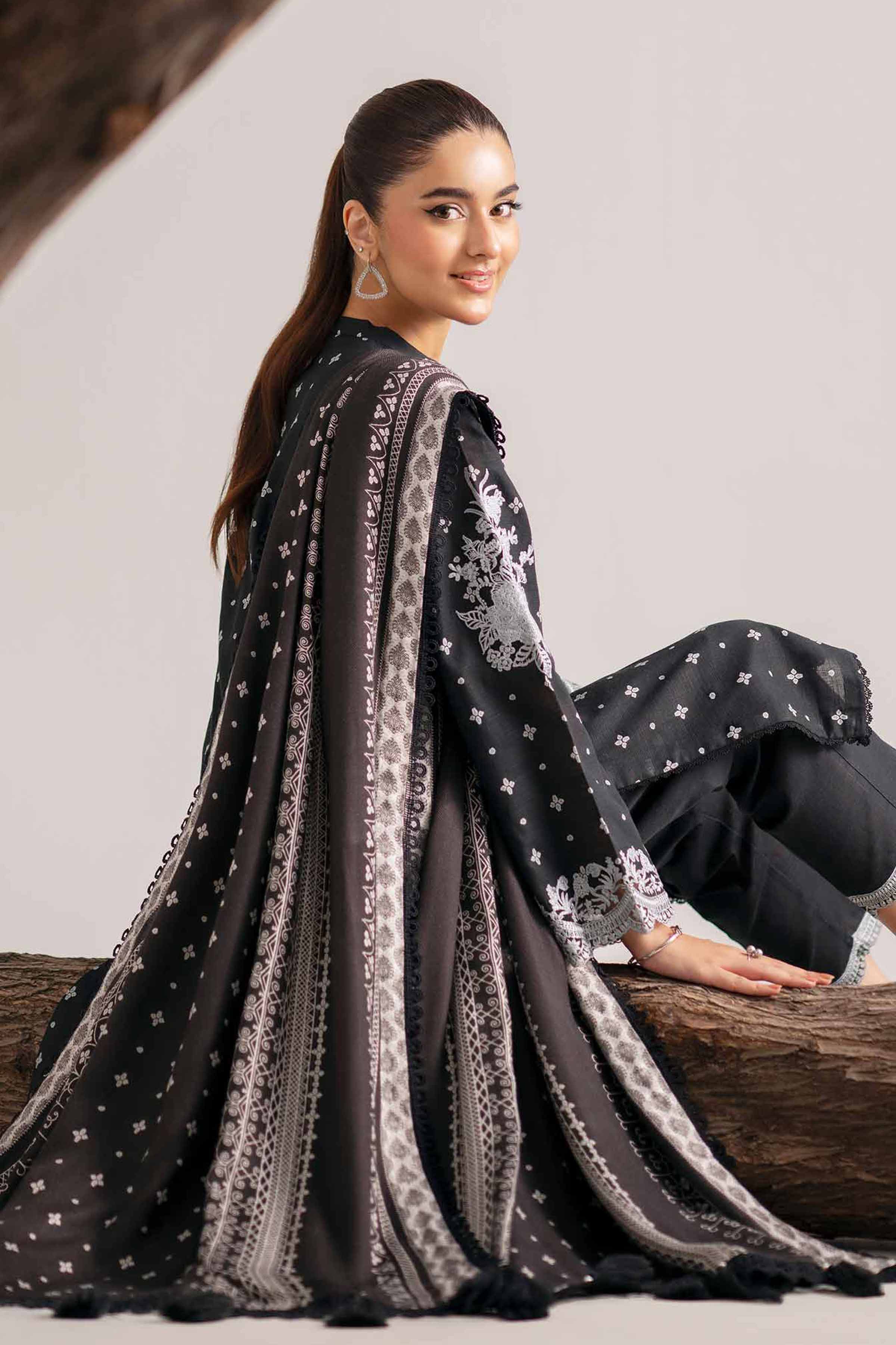 3 Piece - Printed Embroidered Suit - 42503540 Unstitched Black Khaddar 3PC Embroidered