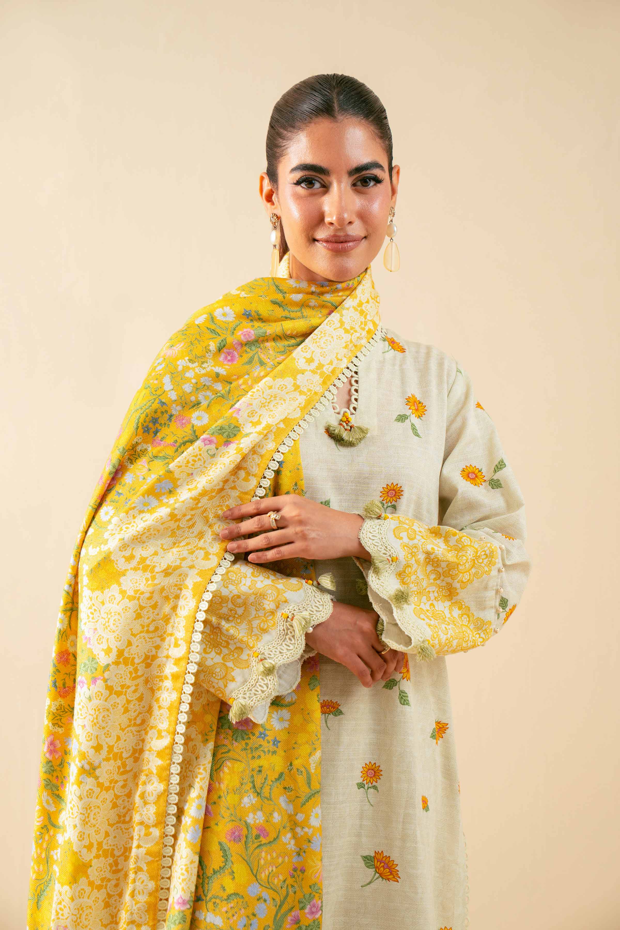 3 Piece - Printed Suit - 42503542 Unstitched Yellow Khaddar 3PC Printed