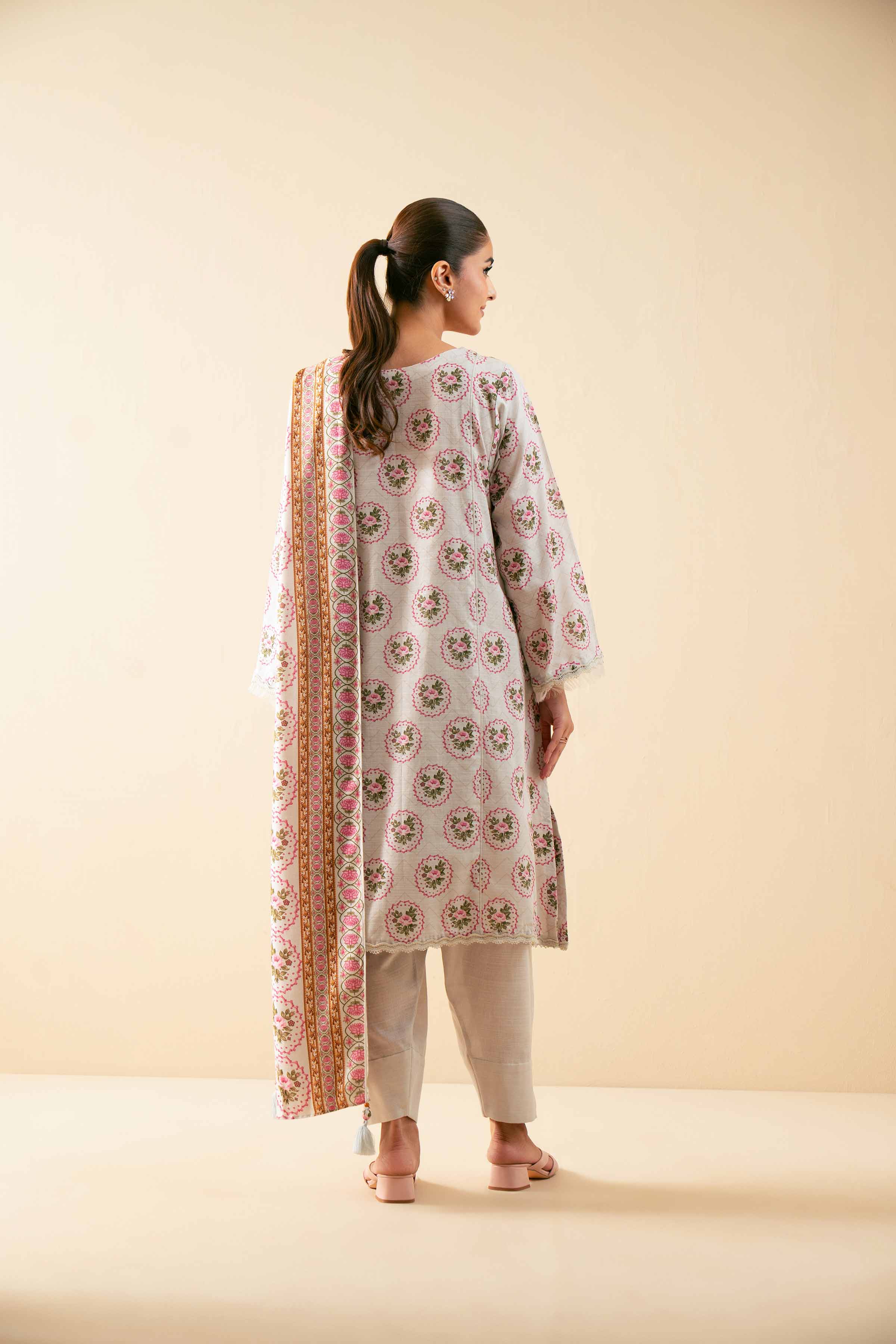 3 Piece - Printed Suit - 42503543 Unstitched Beige Khaddar 3PC Printed